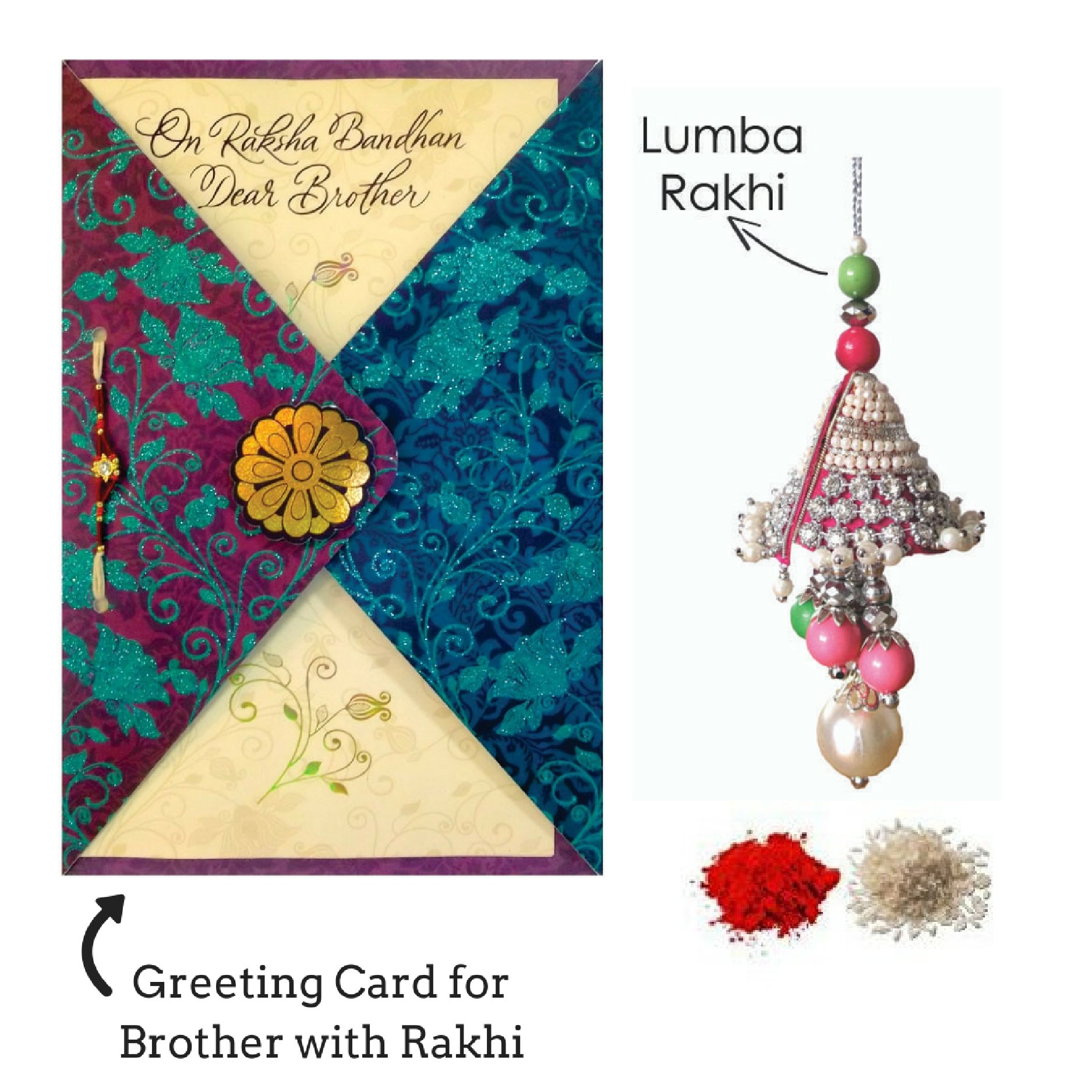 Giftsmate Combo of Non-Precious Metal Blue Rakhi for Brother and Lumba for Bhabhi Greeting Card,