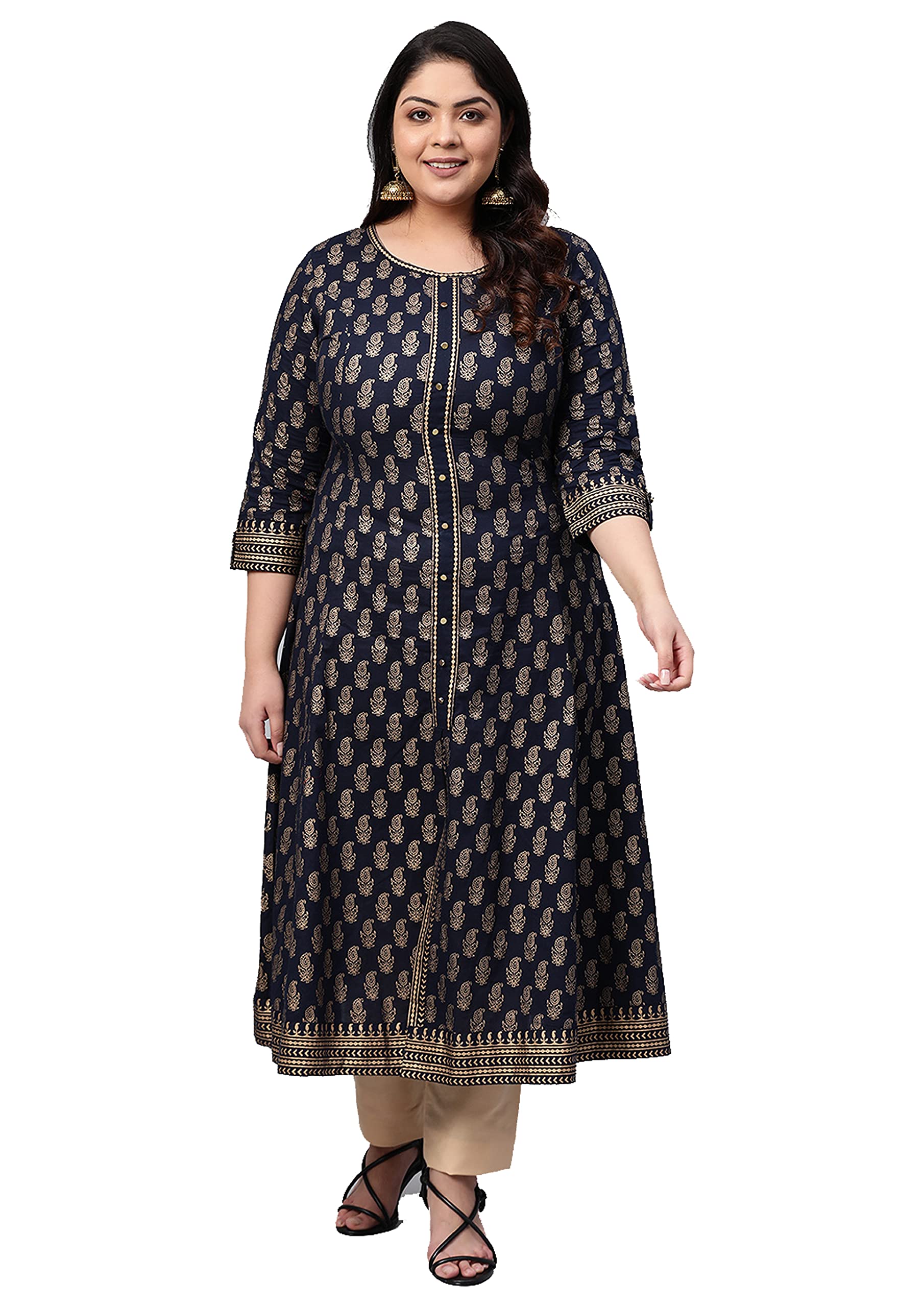 Yash GalleryWomen's Plus Size Cotton Calf Length Flared 3/4 Sleeve Anarkali Kurta Dress For Summer