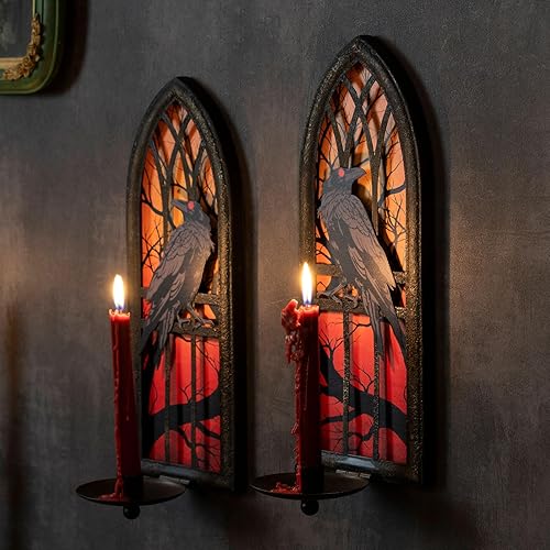 Miniatura 7 de Juego de 2 candelabros góticos de pared, diseño de cuervo de hierro forjado con bandejas extraíbles para velas cónicas y pilares, diseño medieval de