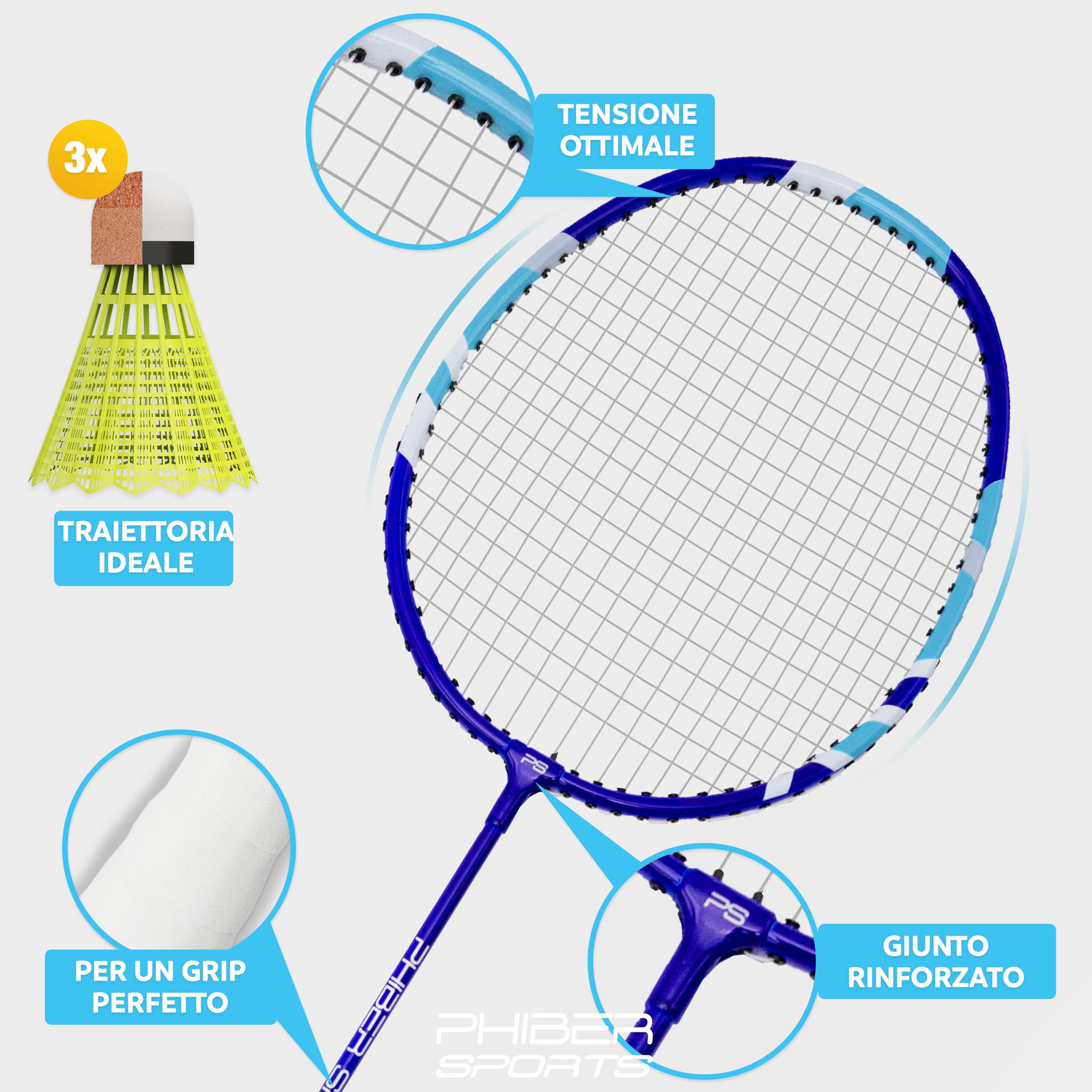 PHIBER-SPORTS Set di racchette da badminton – 2 racchette da badminton + 3 volani + borsa – Robusto set di volani per giardino e parco – ideale per principianti e professionisti (set di racchette da
