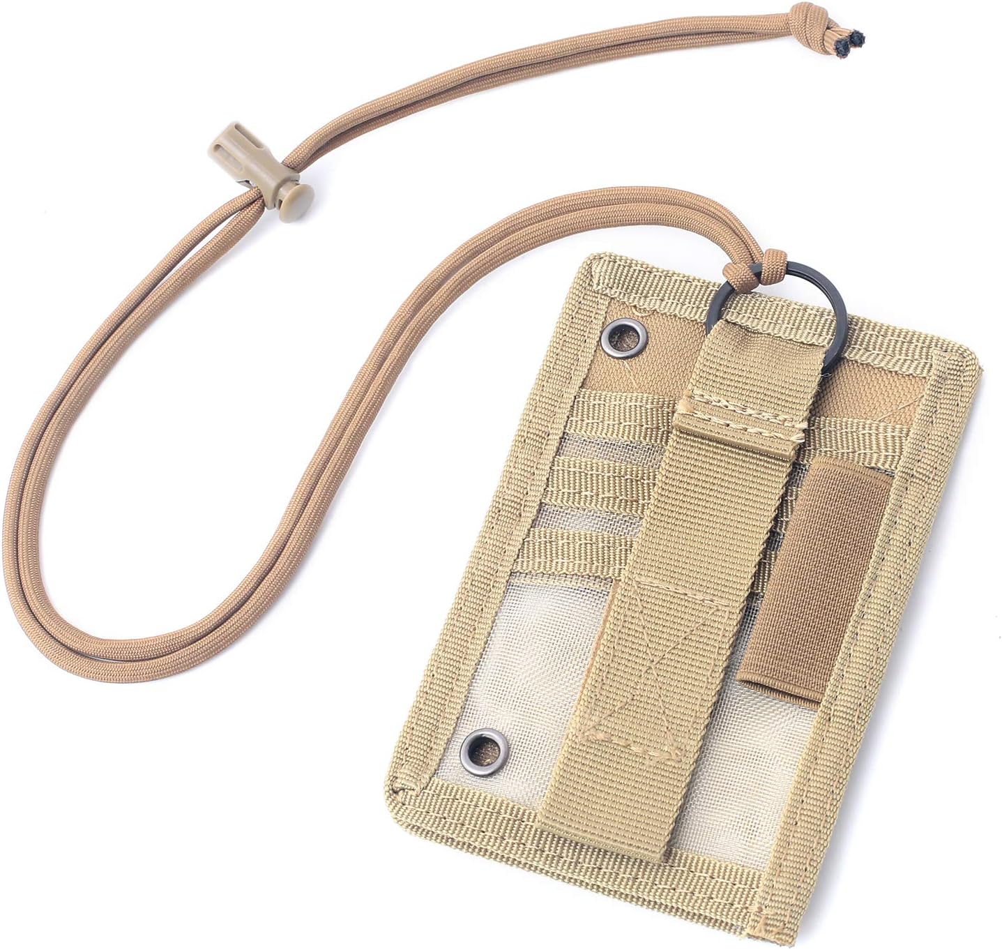 Tactical ID Card Holder Detachable Hook & Loop Patch Badge Holder Adjustable 1000D Cordura Neck Lanyard Key Ring and Credit Card Organizer (Tan)