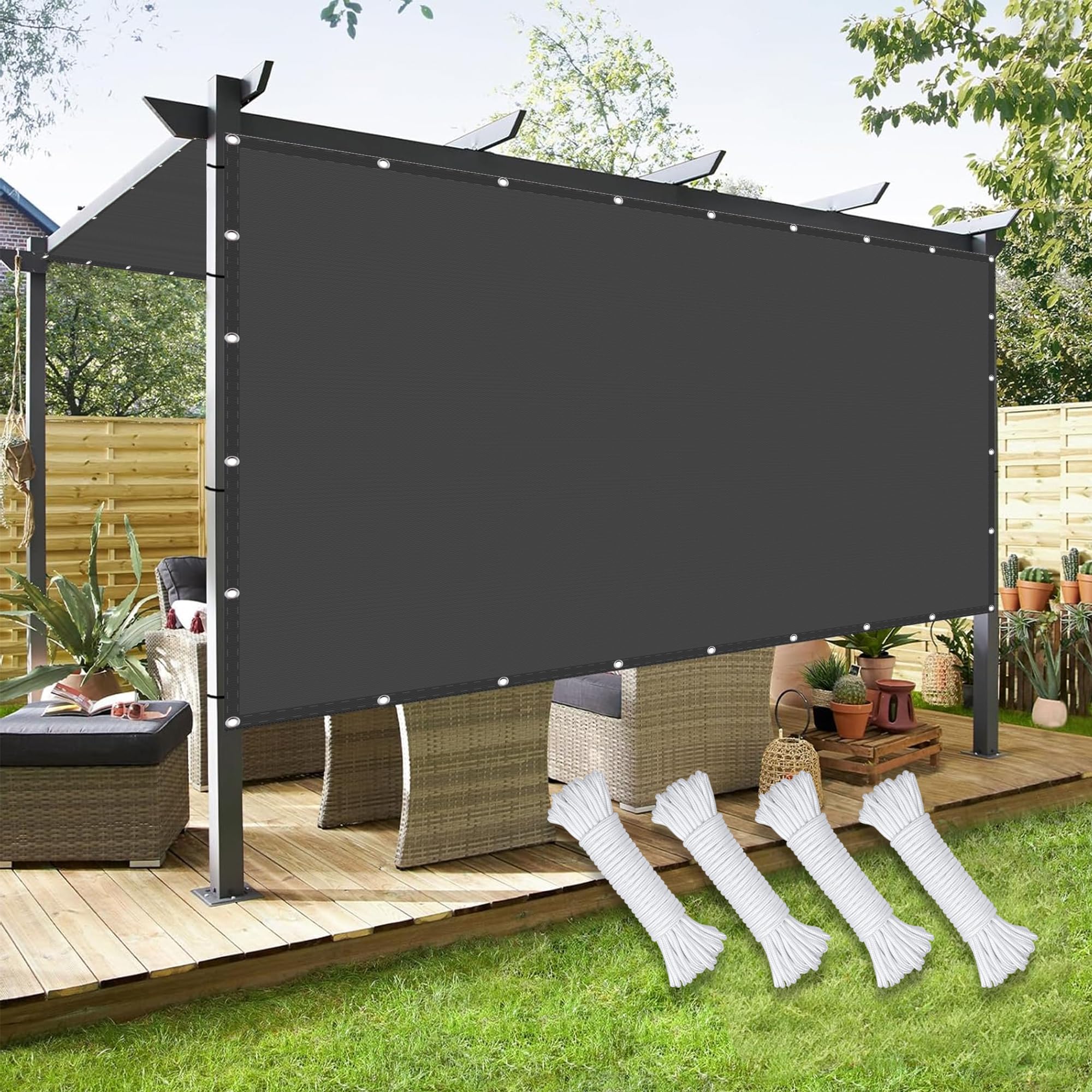 Toldo vela impermeable 4x8 m gris oscuro con ojales y kit de fijación para jardín