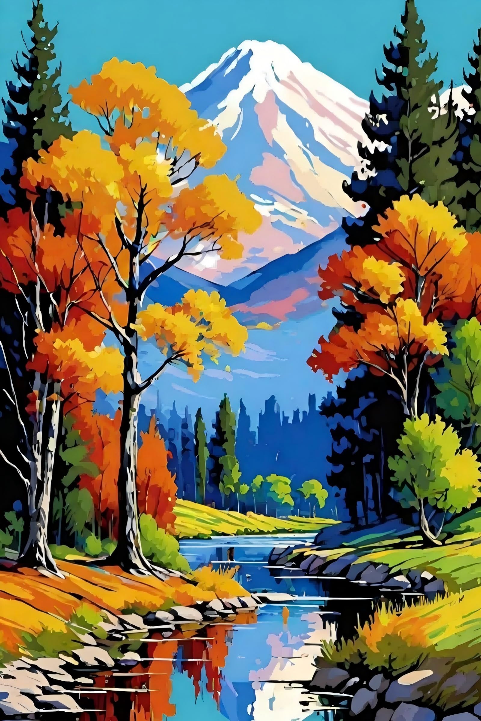 HKLIOPU Painting by Number Kits for Adult,DIY Canvas Oil Painting Kit for Beginner, Acrylic Flowers Paint by Number Arts Craft for Home Wall Decor (Without Frame, Mountain Lake Autumn Landscape)