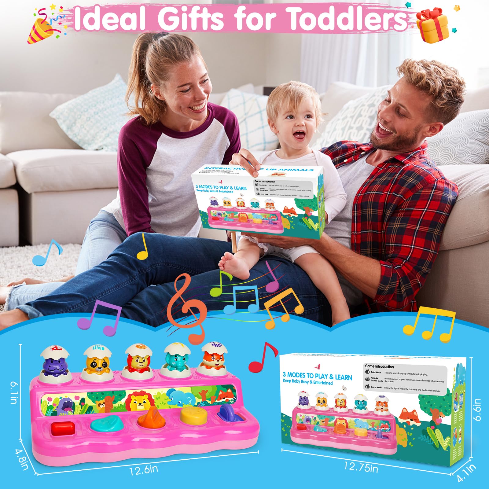 Yerloa Pop Up Baby Montessori zabawka dla dziewczynki od 1 roku życia, zabawka motoryczna, zabawka edukacyjna dla dzieci 6, 9, 12 miesięcy, zabawka muzyczna z muzyką i światłem, prezent na Wielkanoc