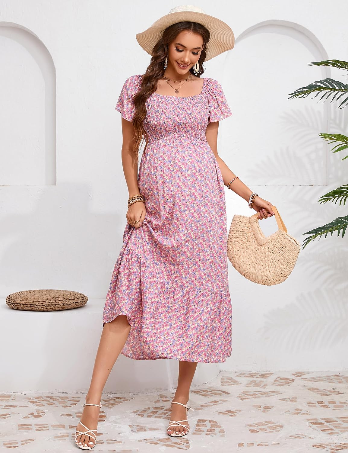 KOJOOIN Maternity Dress Summer Ruffle Short Sleeve Square Neck Smocked Midi Dress Baby Shower Photoshoot