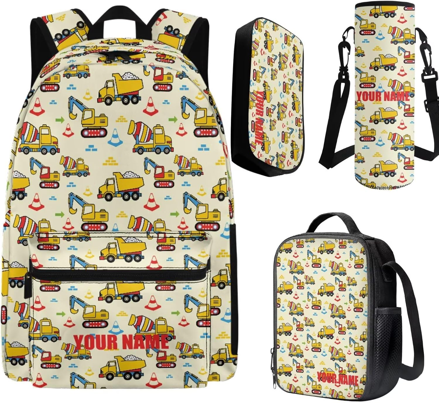Cartoon Excavator Personalized Name Backpacks for Girls Boys Bookbag and Lunch Box Set Gifts for Daughter Customized Kids Casual School Bags Custom Schoolbag Shoulders with Name