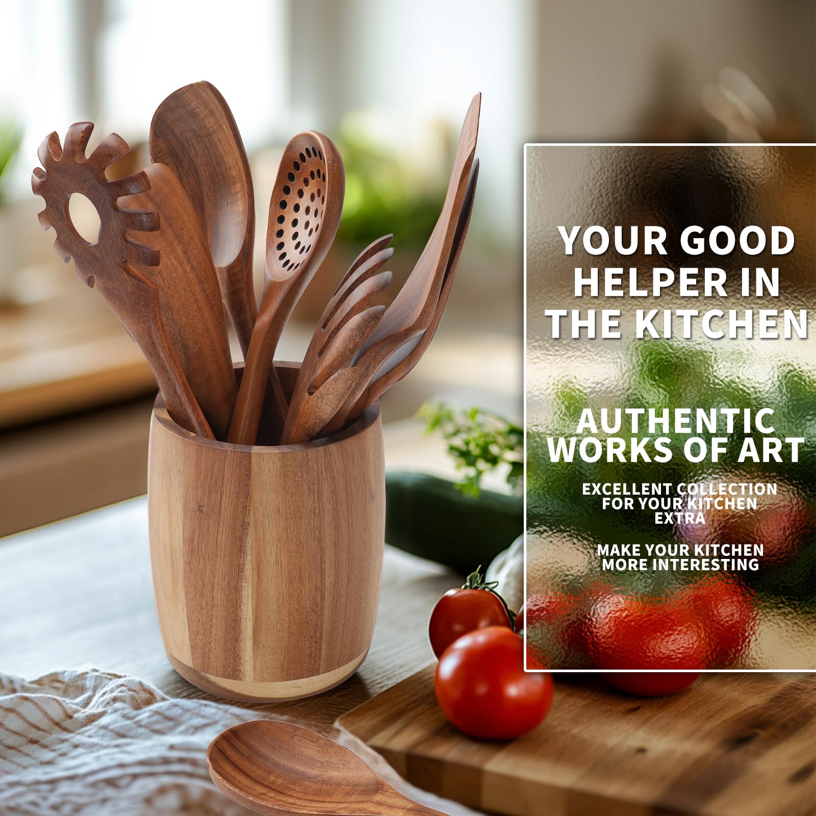 Juego de 9 utensilios de cocina, cucharas de madera para cocinar, utensilios de madera de teca natural, incluye cucharas de madera, juego de espátulas, cuchara ranurada, juego de cucharas de