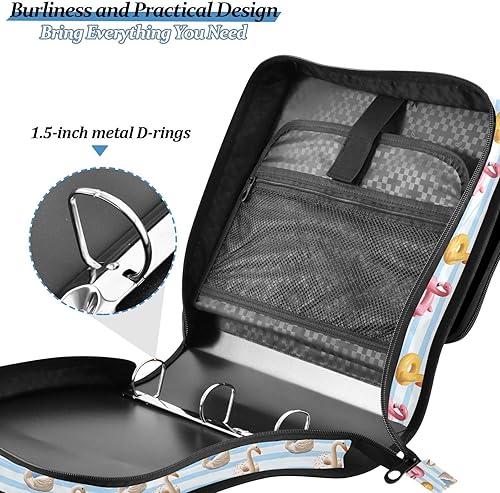 Miniatura 5 de ALAZA Zipper Binder 3 Ring Flamingo Swan Circlen Bule Stripes Binder Organizer with Zipper and Shoulder Strap Large Capacity Multi-Pocket Trapper