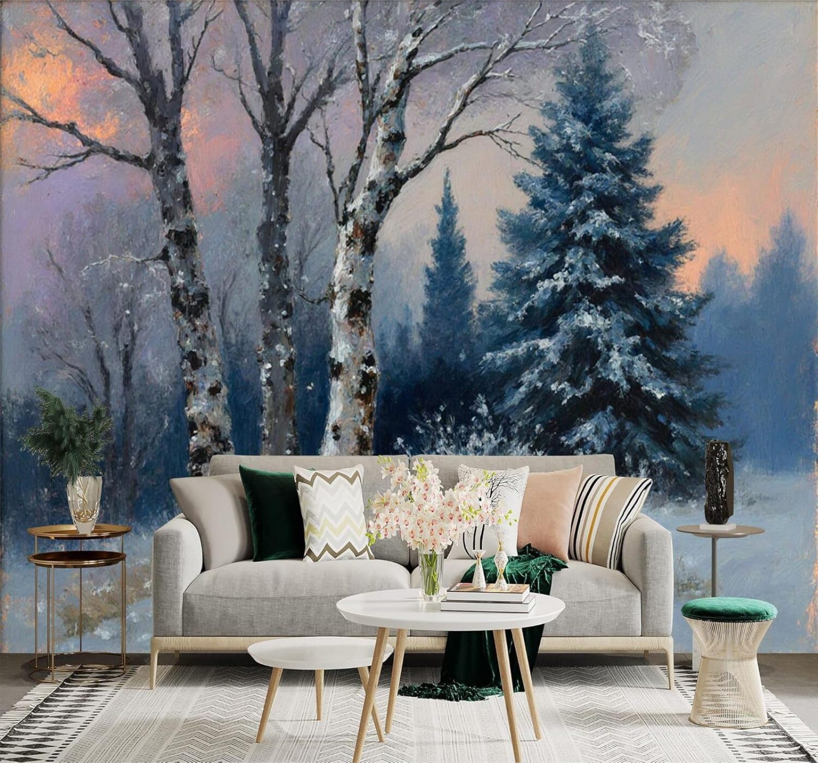 XLMING Winter Forest Pine Trees Sunset Sky 3D Wallpaper Premium Textured Silk Study Dining Living Room Bedroom Sofa TV Wall Easy Install-400cm×280cm