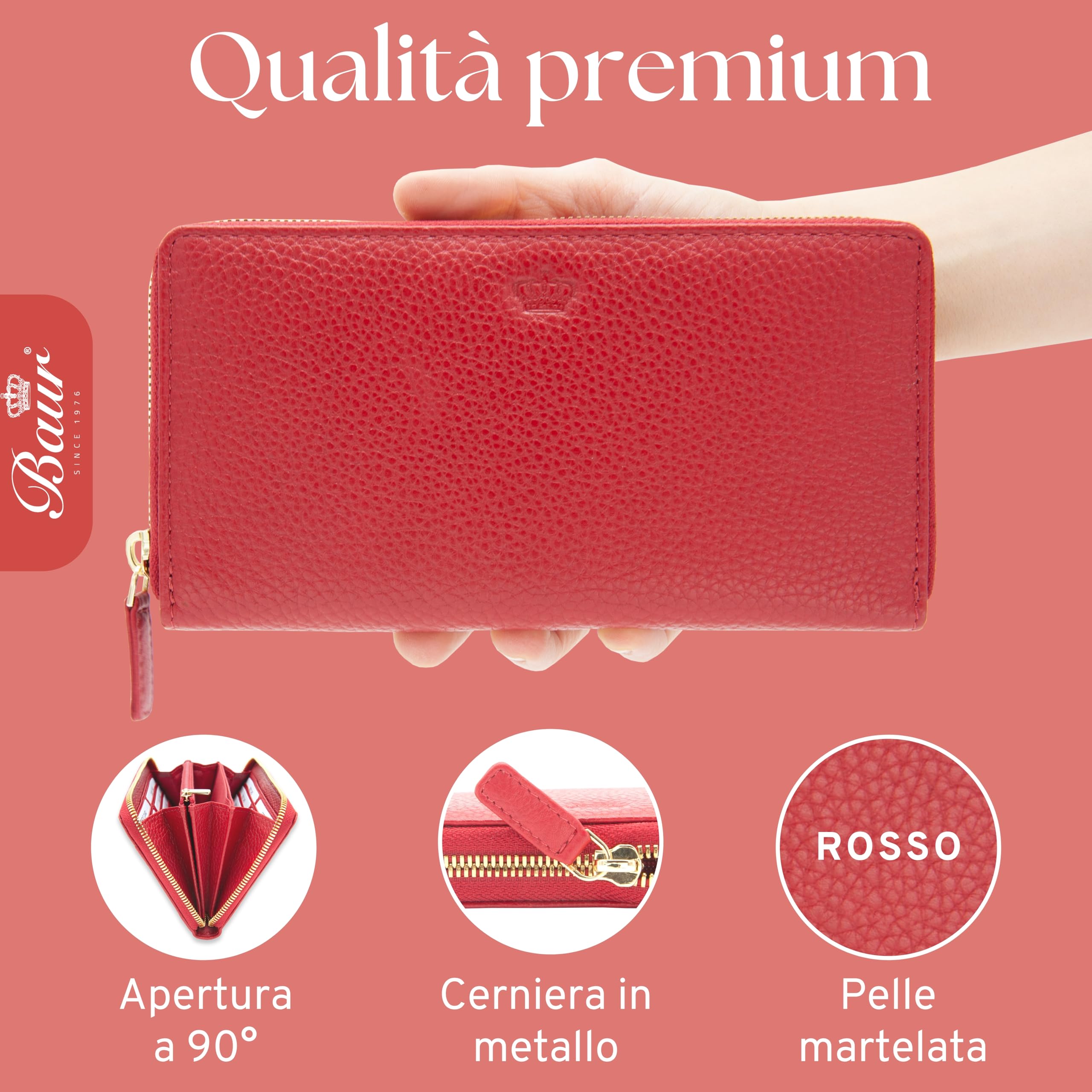 Baur portafoglio da donna – vera pelle con protezione RFID – portafoglio grande con 12 scomparti per carte – cerniera a giro in metallo (Cerniera oro, Rosso)