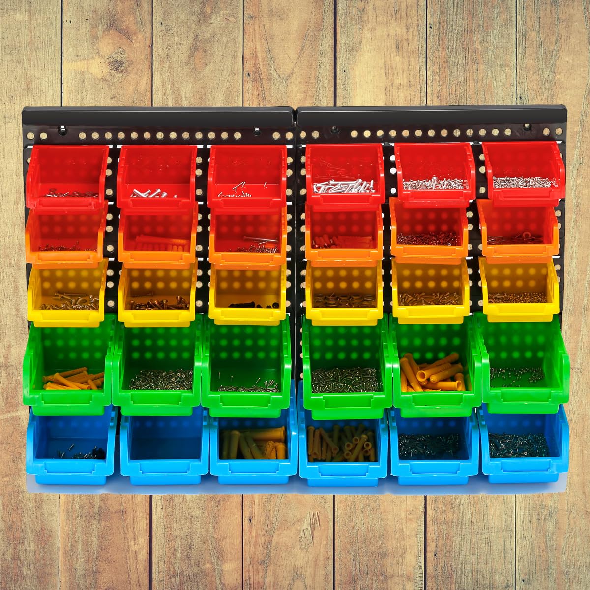 Lot de 4 bacs de rangement muraux de 5 couleurs, bacs de rangement pour outils, étagère de rangement pour 30 bacs