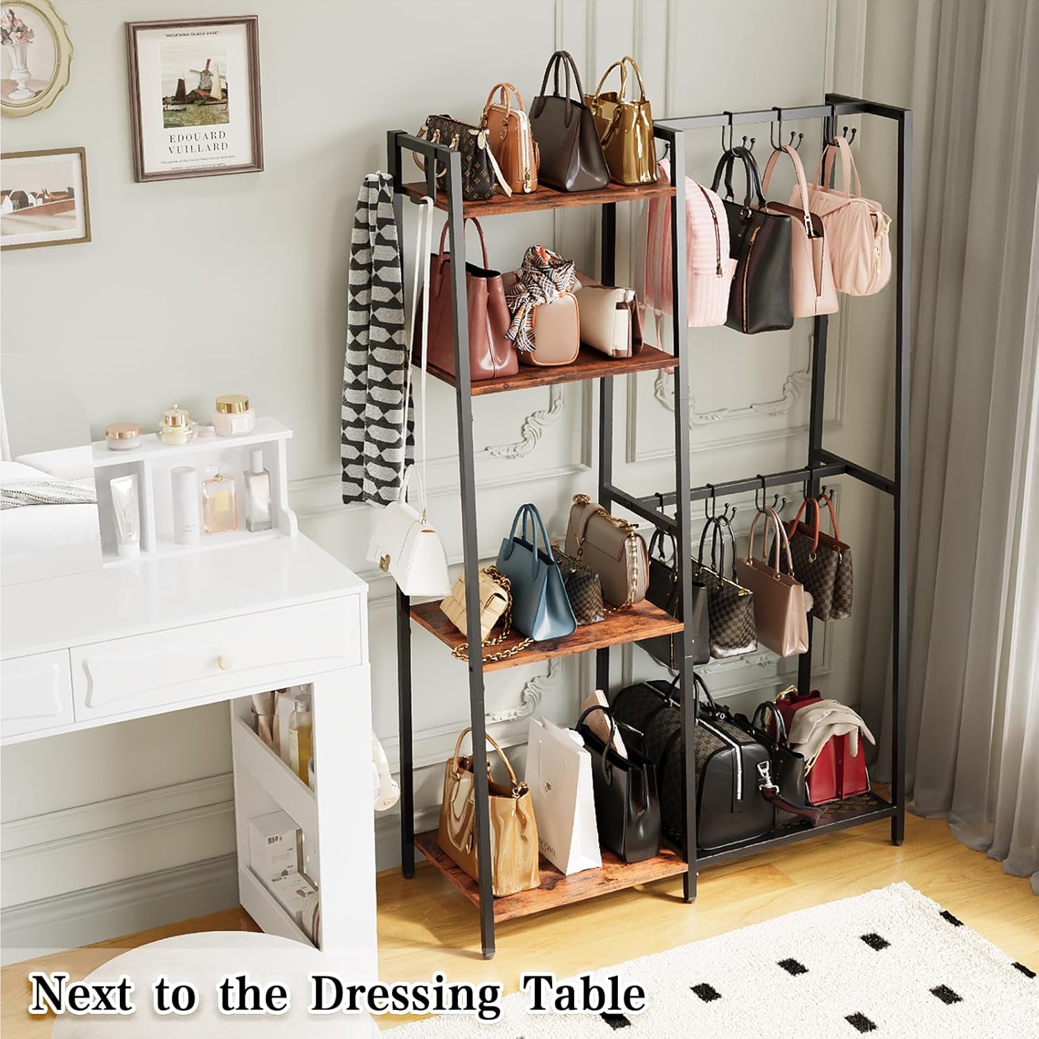 Purse Storage Organizer for Closet, 4-Tier Iron Wood Purse Rack, 8 Purse Hooks & 2 Side Hooks for Bag Organizer, Large Capacity Handbag Storage Rack for Home, Living Room - Image 7