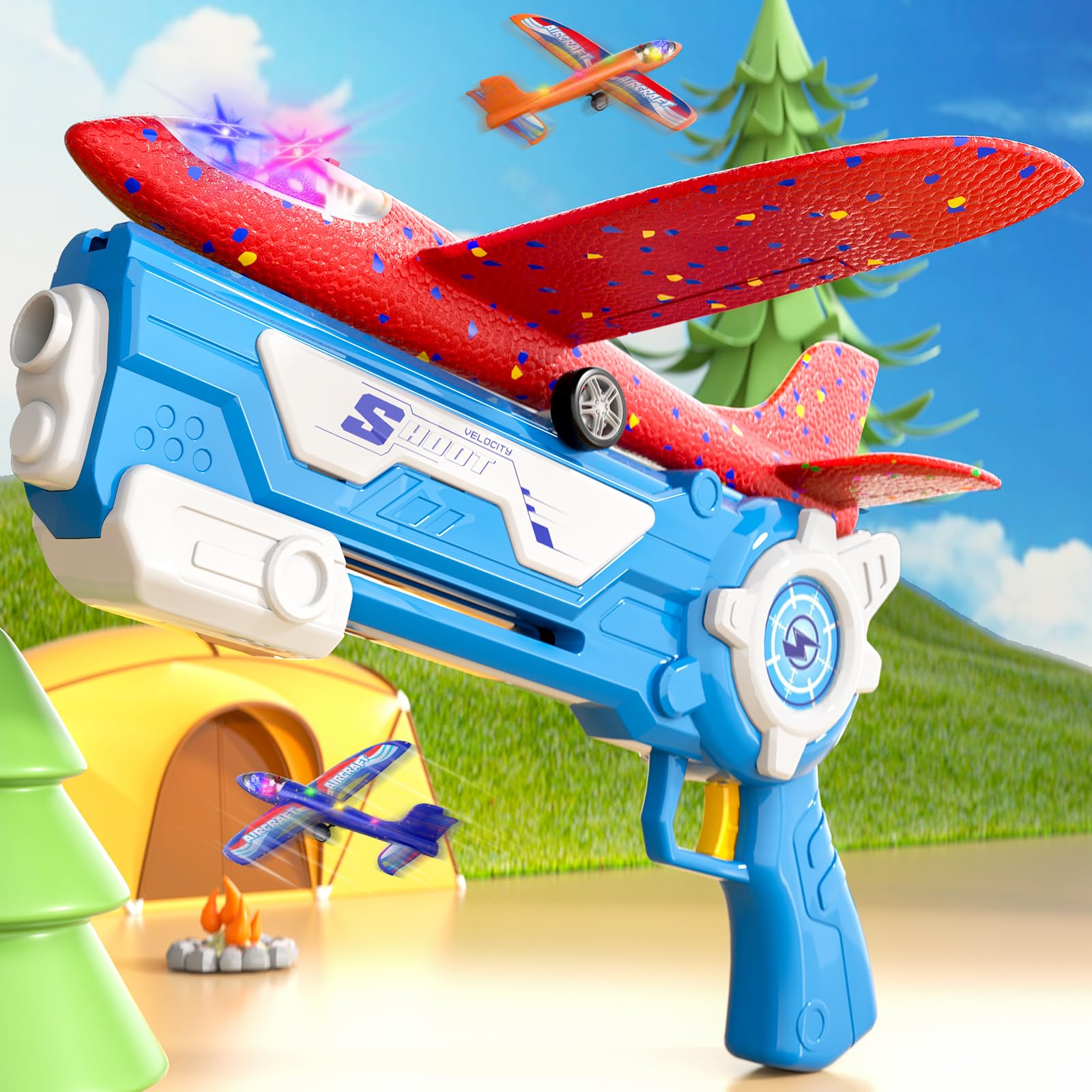 Doloowee 3 Avions Planeurs en Mousse, 2 Modes de vol, Jouets Volants d'extérieur avec Pistolet catapulte, Cadeaux pour garçons Filles de 4 5 6 7 8 9 10 11 12 Ans