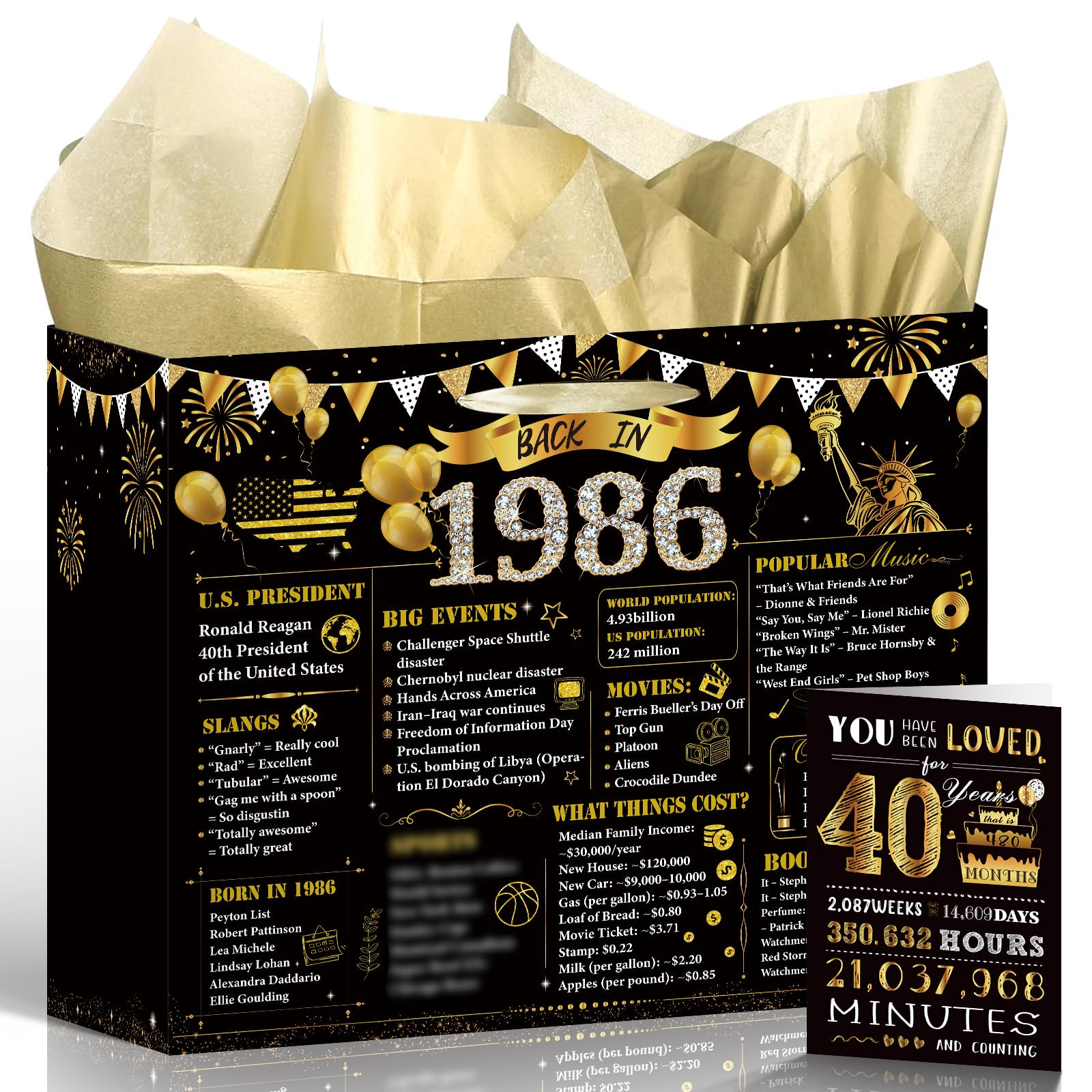 Black Gold 40th Birthday Gift Bag - Wixben Vintage 1986 Party Decorations, Large Wrap Bag with Handle Tissue Paper Greeting Card, 40 Year Old Women
