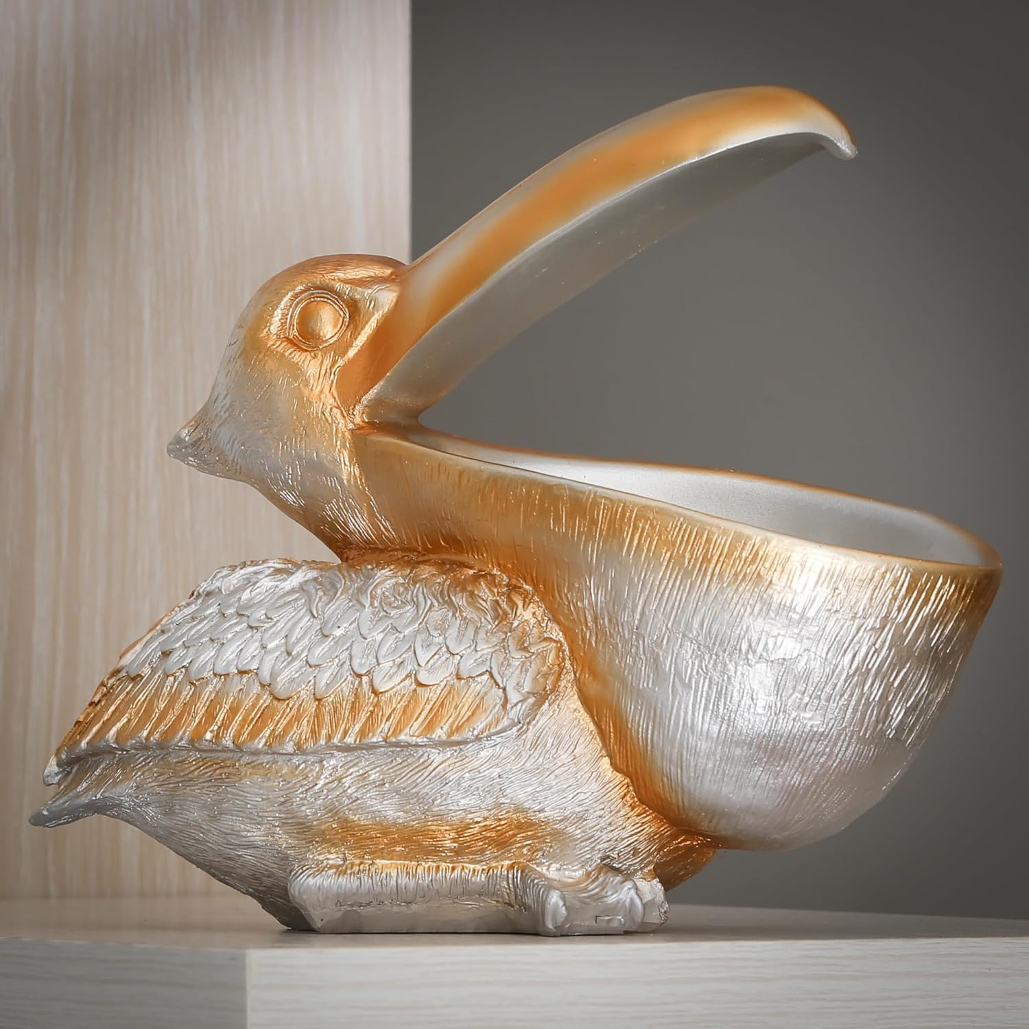 Pelican Statue Table Decoration Gift for Home & Office, Creative Resin Pelican Sculpture Storage Basket Holder Bowl Ornament for Keys & Candy, Silver 7.8" H