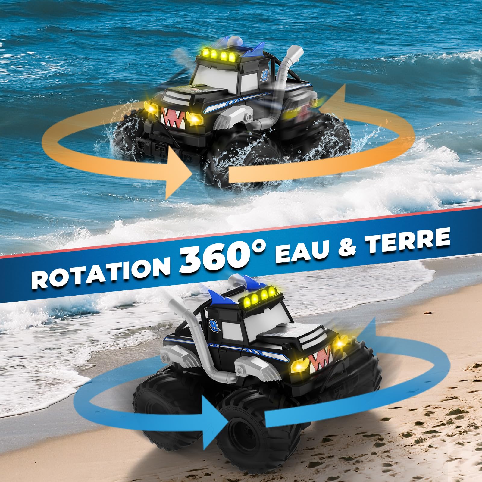 Voiture Télécommandée Tout Terrain Amphibie，2.4GHz Voiture Télécommandée Enfant, 4x4 télécommandée tout terrain, Monstertruck RC avec 360° Drift, Jouet Cadeau pour Garçon Fille 6 ans et plus (Bleu)