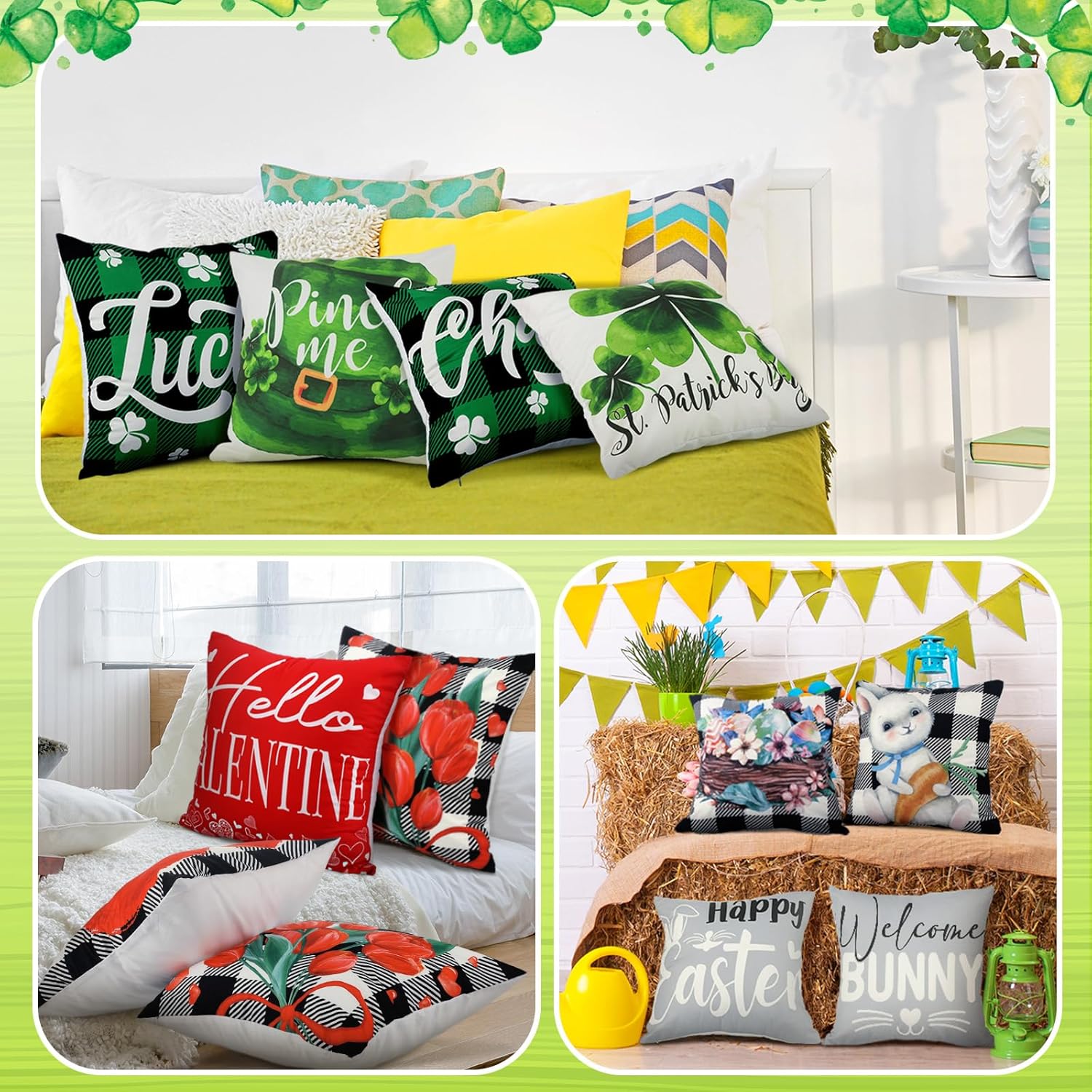 VitalCozy 12 Set Easter Pillow Covers 18 x 18 St Patricks Day Valentine's Day Throw Pillow Covers Holiday Throw Pillowcase Heart Clover Bunny Cushion Case Vintage Pillowcase for Home Couch(Delicate)