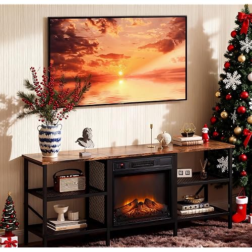 Bonnlo Industrial Fireplace TV Stand, 58" Entertainment Center with 18" Electric Fireplace Heater, TV Console with Open Metal Mesh Frame & Shelves up for 70 Inch TVs, Rustic Brown