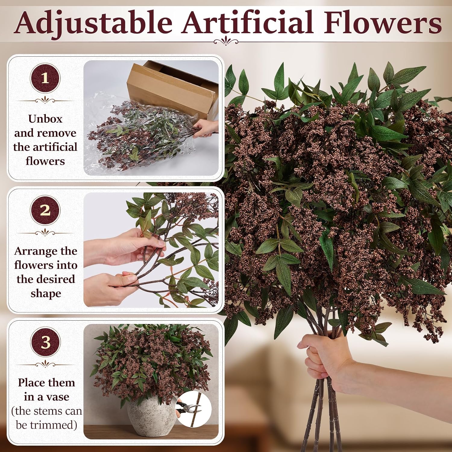 4Pcs 34in Dark Brown Nandina Berry Stems for Vase, Full & Dense Branches | Dense Realistic Berry Branches, Foam Berries & Green Leaves for Vase Fillers, DIY Arrangements and Farmhouse Mantel Decor