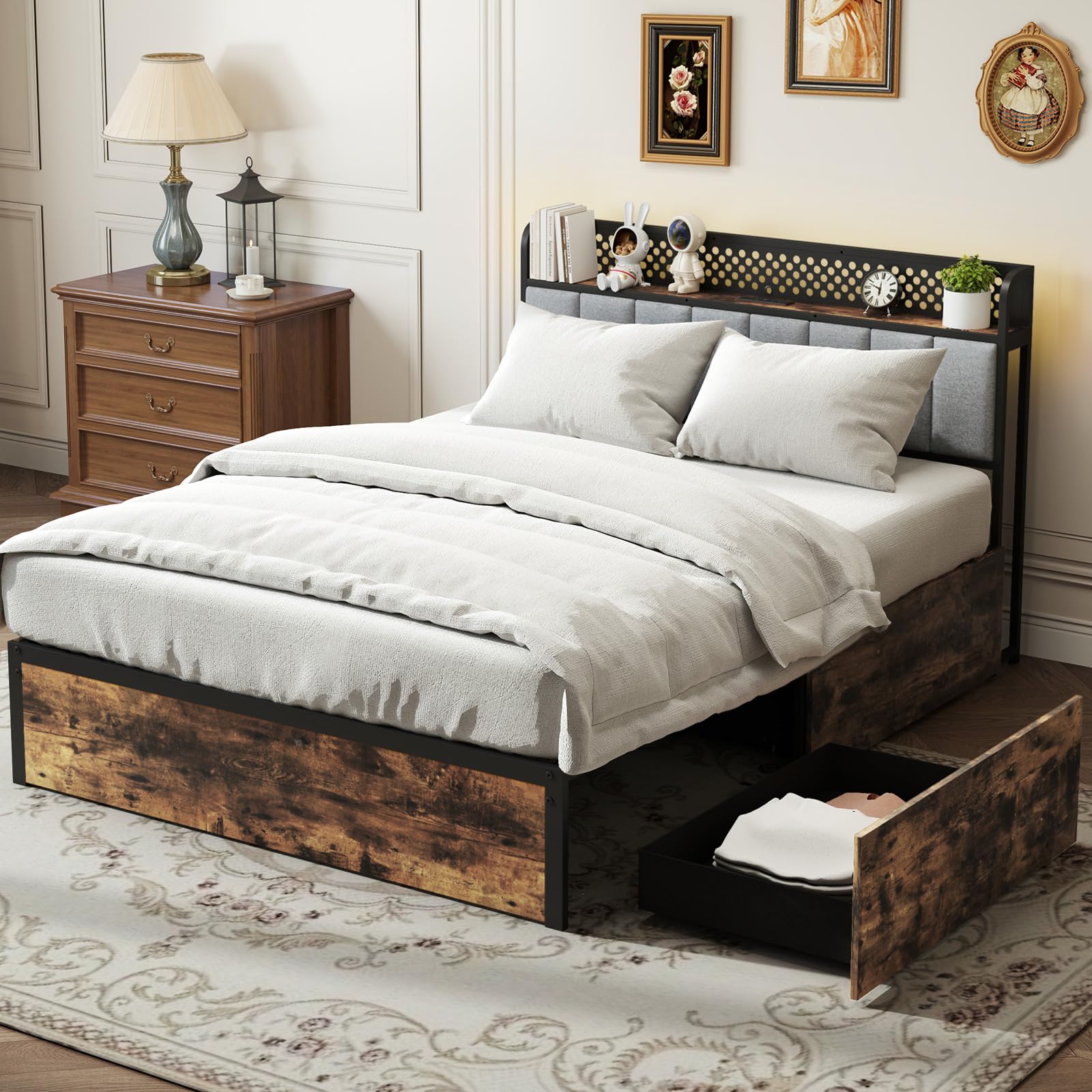 COSTWAY 4FT6 Double/5FT King Size Bed Frame with RGB LED Lights, Charging Station, Storage Headboard & 4 Underbed Drawers, Industrial Metal Platform Bed Frame Slat Support Mattress Base (King-5FT)