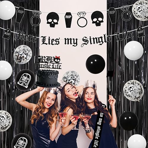 Miniatura 4 de Decoraciones góticas para despedida de soltera, Here Lies My Single Life, globos negros de despedida de soltera, pancarta de telón de fondo con
