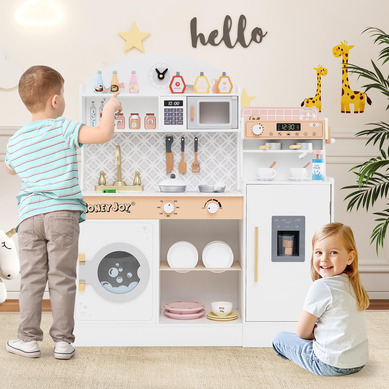 COSTWAY Kinderküche mit 27 Zubehör, Spielküche Holz mit Uhr Mikrowelle Spüle EIS- & Kaffeemaschine Geschirrständer und Waschmaschine, Spielzeugküche für Kinder ab 2 Jahren (Weiß)
