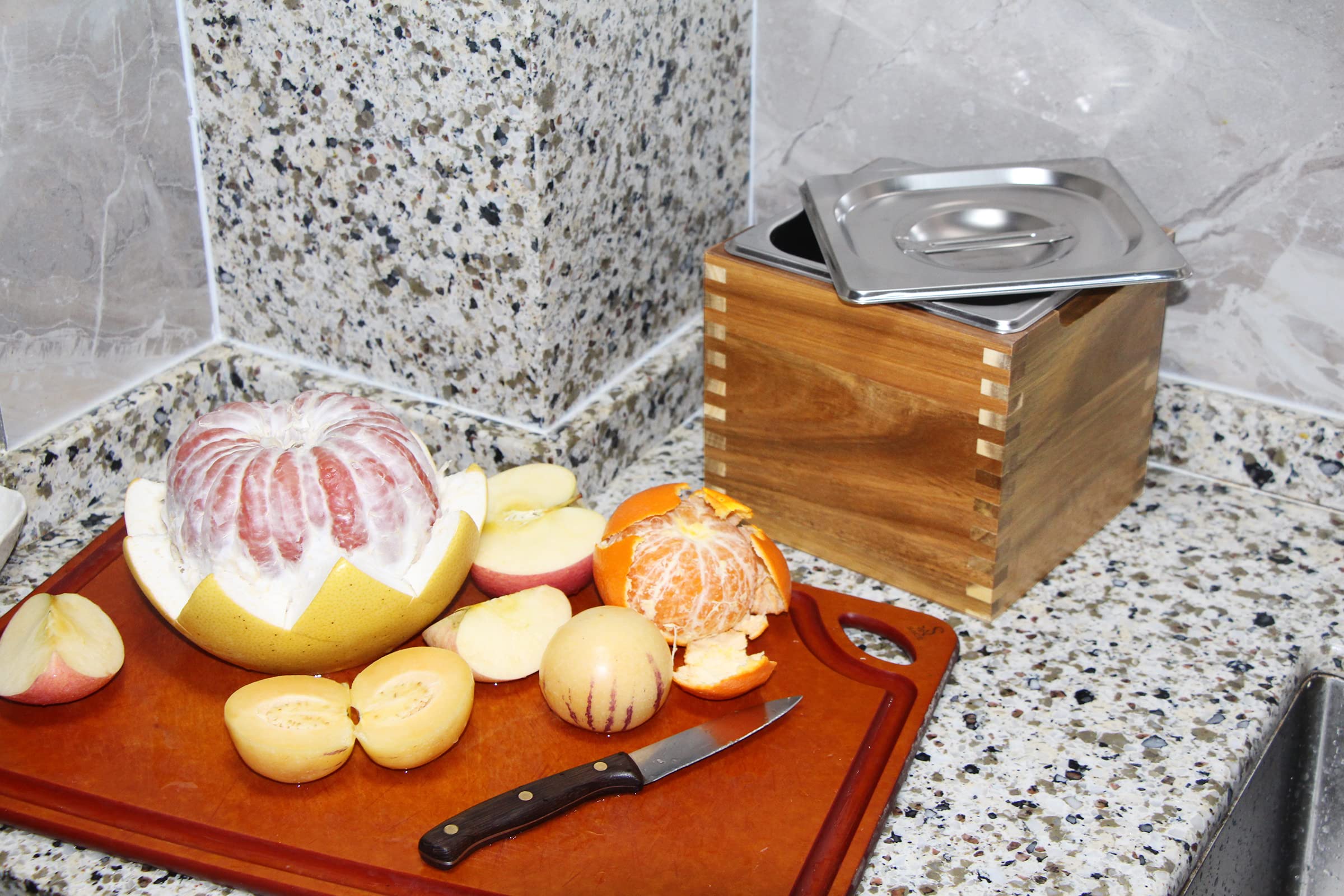 Bac à Compost de Cuisine avec Couvercle et boîte en Bois d'acacia, récipient à Compost de Cuisine Anti-odeurs, bac à Compost d'intérieur en Acier Inoxydable