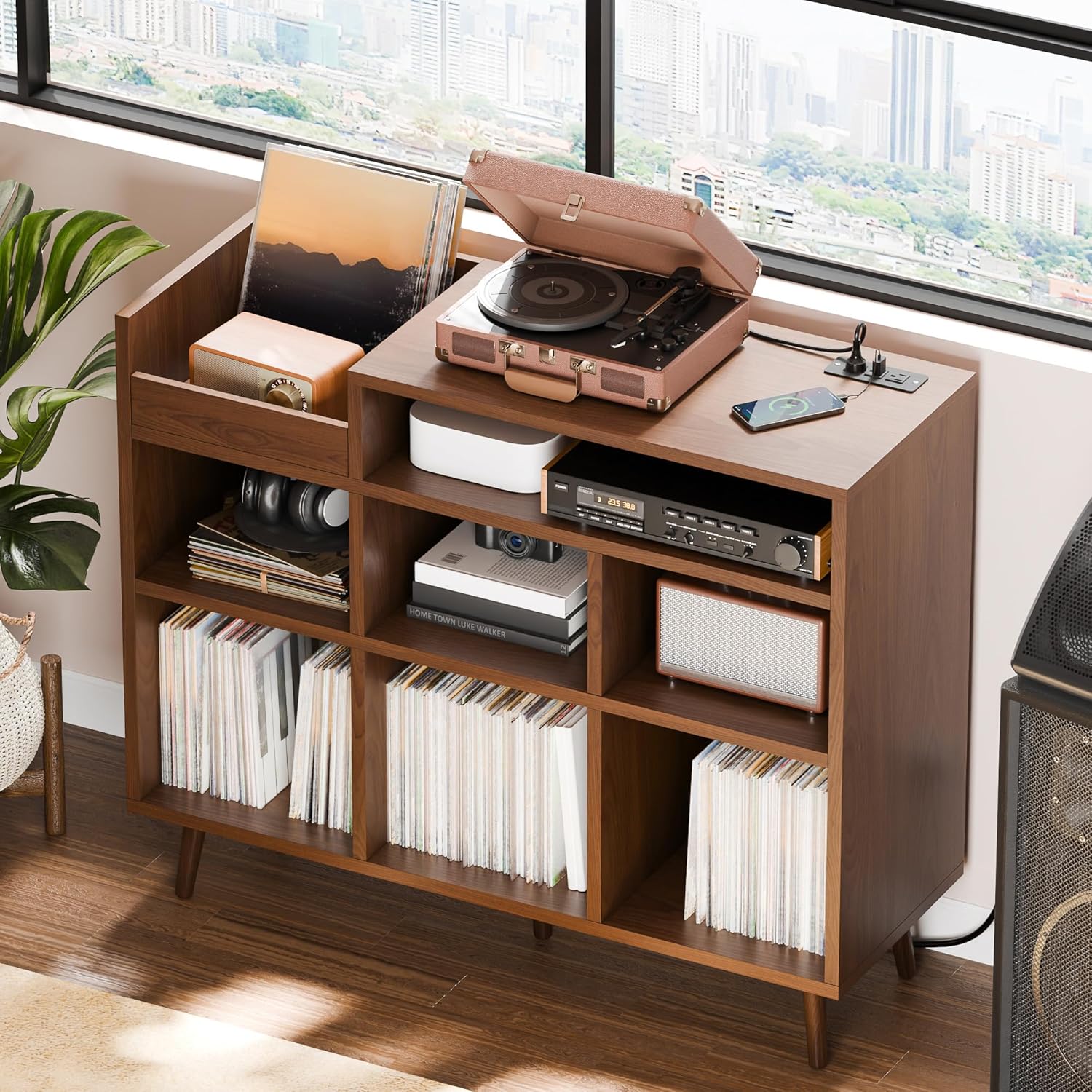 Cozy Castle Record Player Stand, Turntable Shelf with Vinyl Storage up to 500 Albums, Vinyl Record Player Shelf with Power Outlet Sideboard Buffet Cabinet with Storage Accent Cabinet, Brown