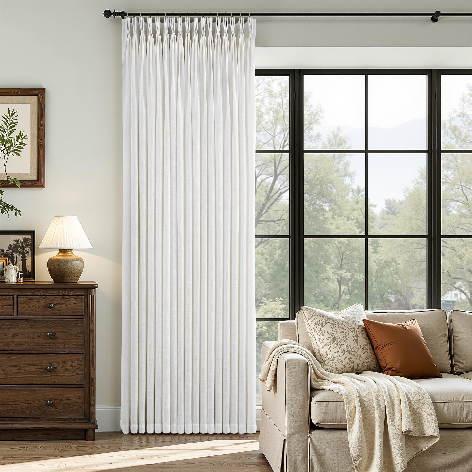 Photo 1 of 60 Inch Extra Wide Pinch Pleated Linen Curtains 90 Inch Length for Living Room Bedroom Natural Cream Beige Privacy Drapes Light Filtering for Patio Sliding Door 90 Inches Long with Hooks Clips Rings