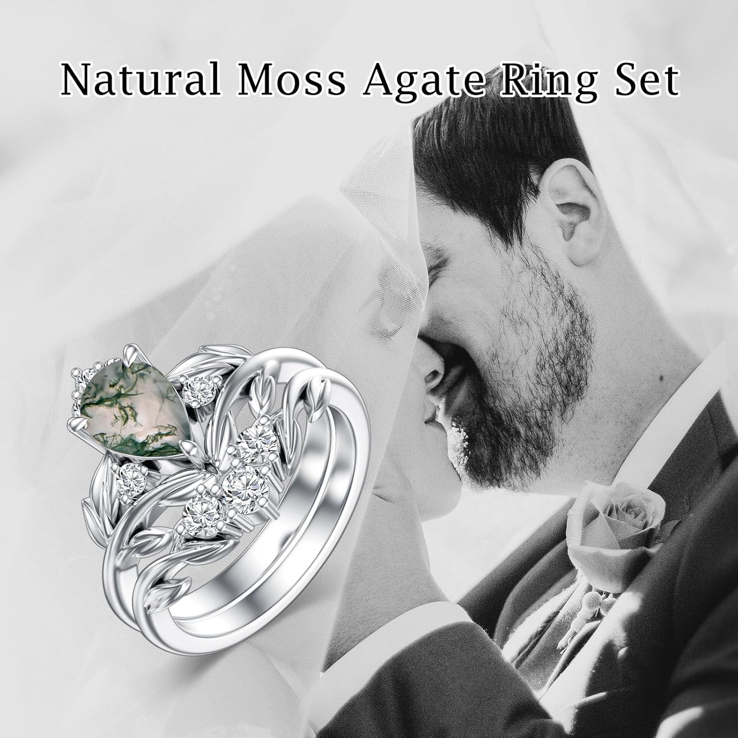 Natural Moss Agate Ring Set 10K/14K/18K Gold Leaf Engagement Wedding Rings Genuine Gemstone Vintage Bridal Rings for Women