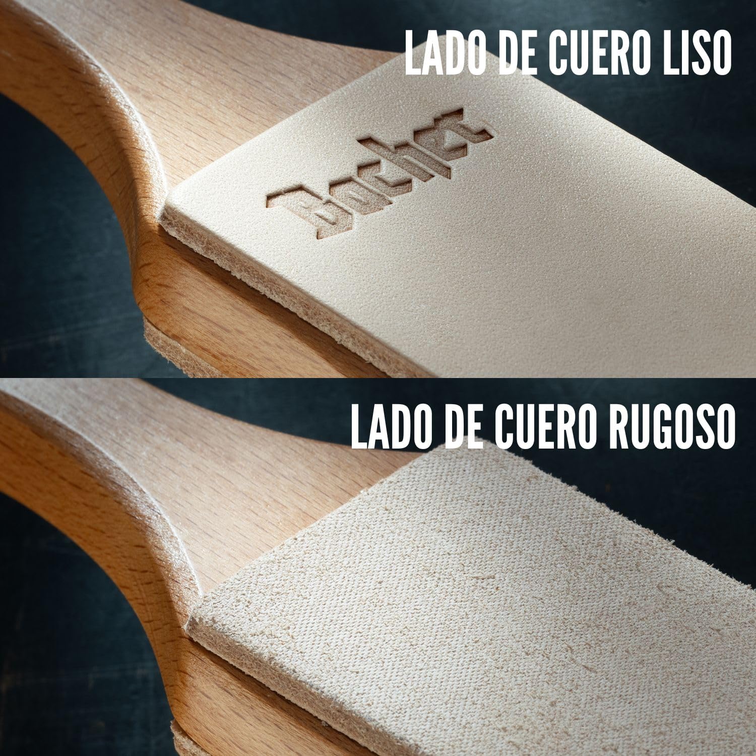 BACHER Premium Asentador de Cuero Strop para Cuchillos Paleta de madera dura cubierta concuero de curtido vegetal de 1/8"de grosor. Incluye un kit de 4 compuestos de afilado.