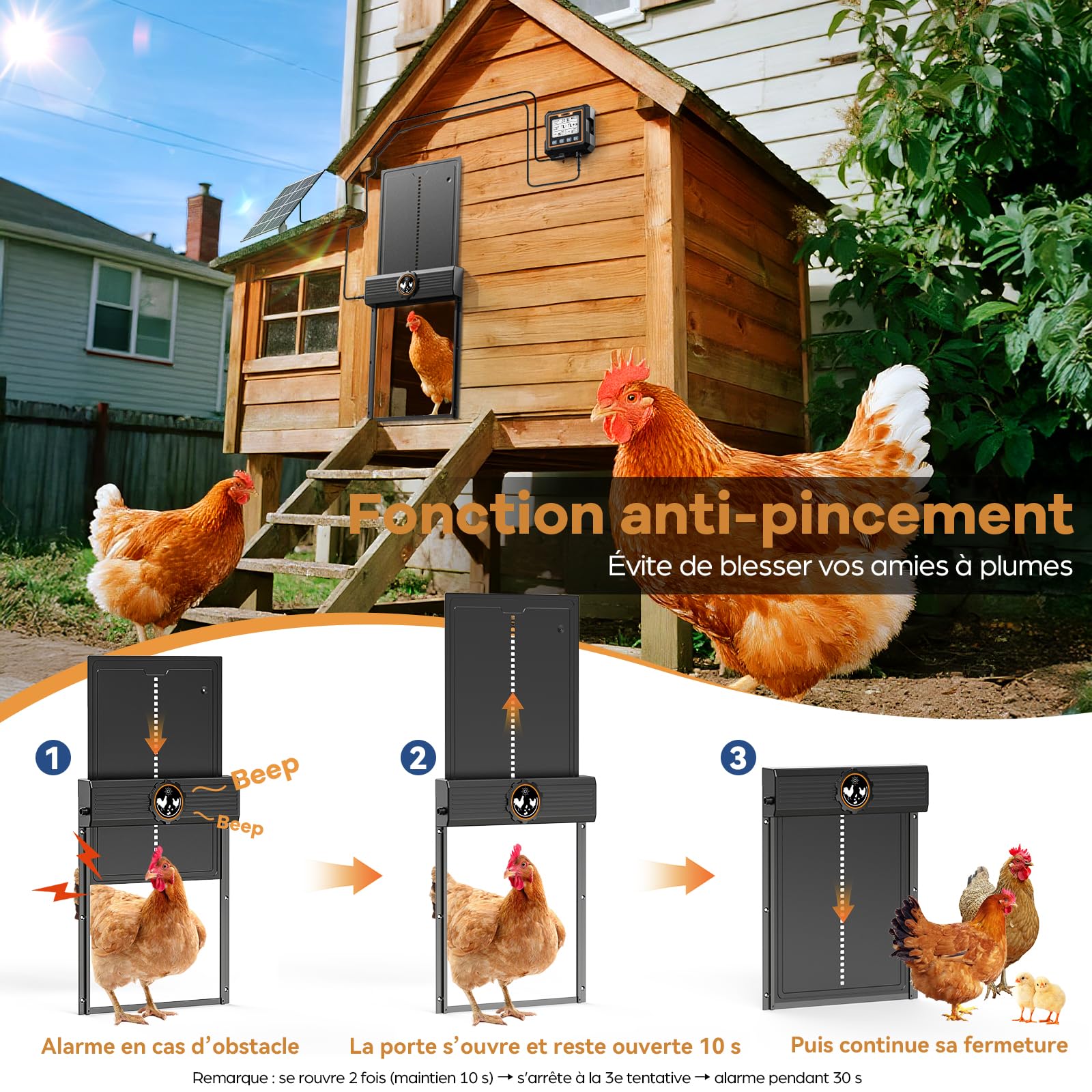 Tapa de pollo grande automática Solar, MASTERFUN Aluminio Gallina Automática con Sensor de Luz, Temporizador, Panel Solar de 7 W, Protección Inteligente, Puerta de Pollo Eléctrica