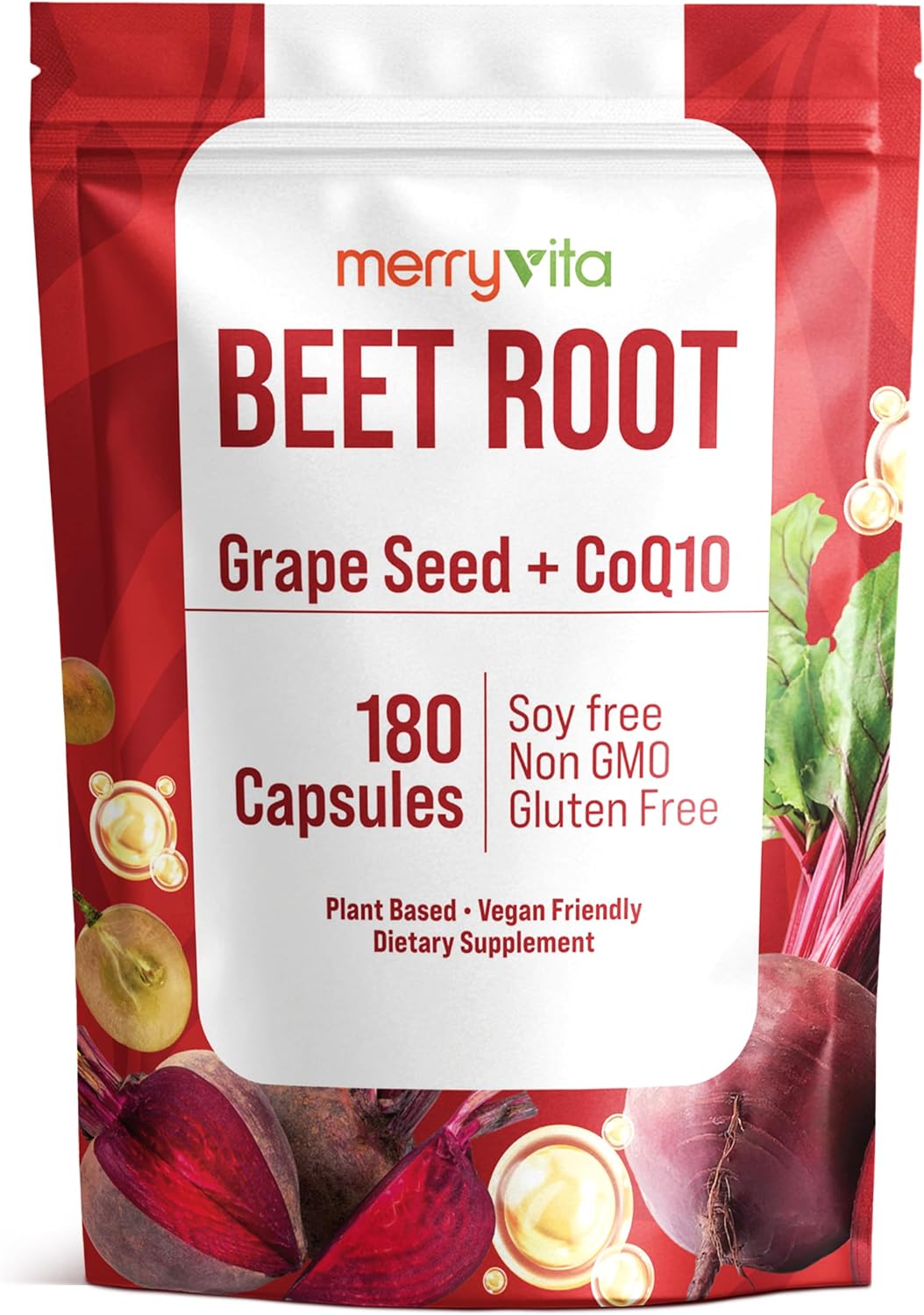 MERRY VITA Beet Root Capsules with Grape Seed & CoQ10 - Blood Pressure Support Supplement - Nitric Oxide Booster - Super Beets Supplement for Heart, Energy, Circulation - 180 Vegan Capsules, Non GMO