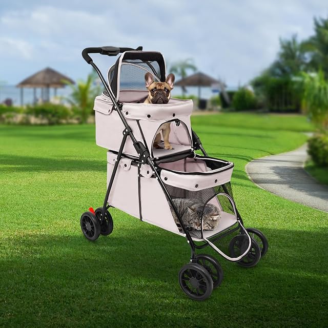 Foto 6 de 8 de Carrito para mascotas de 2 capas para perros y gatos, plegable con ventana de red