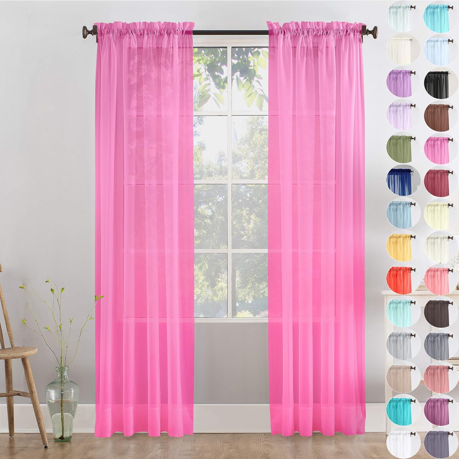 Megachest a pair of slot top voile curtains (Bubblegum Pink, 56" wideX90 drop 2 Panels), W 56" x L 90" (2 Panels)