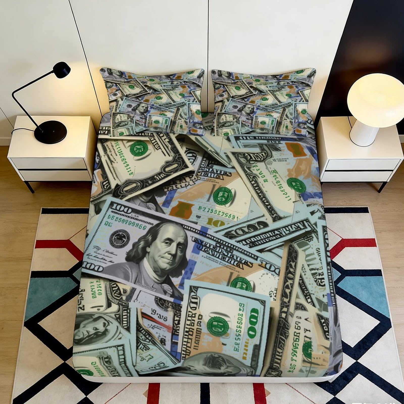 3D Printed Money Pattern Fitted Sheet Microfiber Soft Slip-Resistant Dollar Bill Bed Sheet for Bedroom Dorm Décor 90x200x25cm
