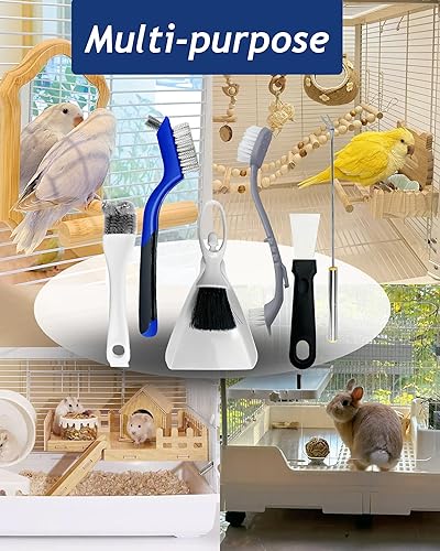 Upgrade 6PCS Cage Cleaner Set,2-in-1 Stainless Steel Pet Cage Brush,Bird Poop Remover,Dual Head Brush,Long Handle Scraper,Small Animals House Cleaning Accessories,Mini Dustpan and Broom Set (6PCS-1)(6pcs-1)