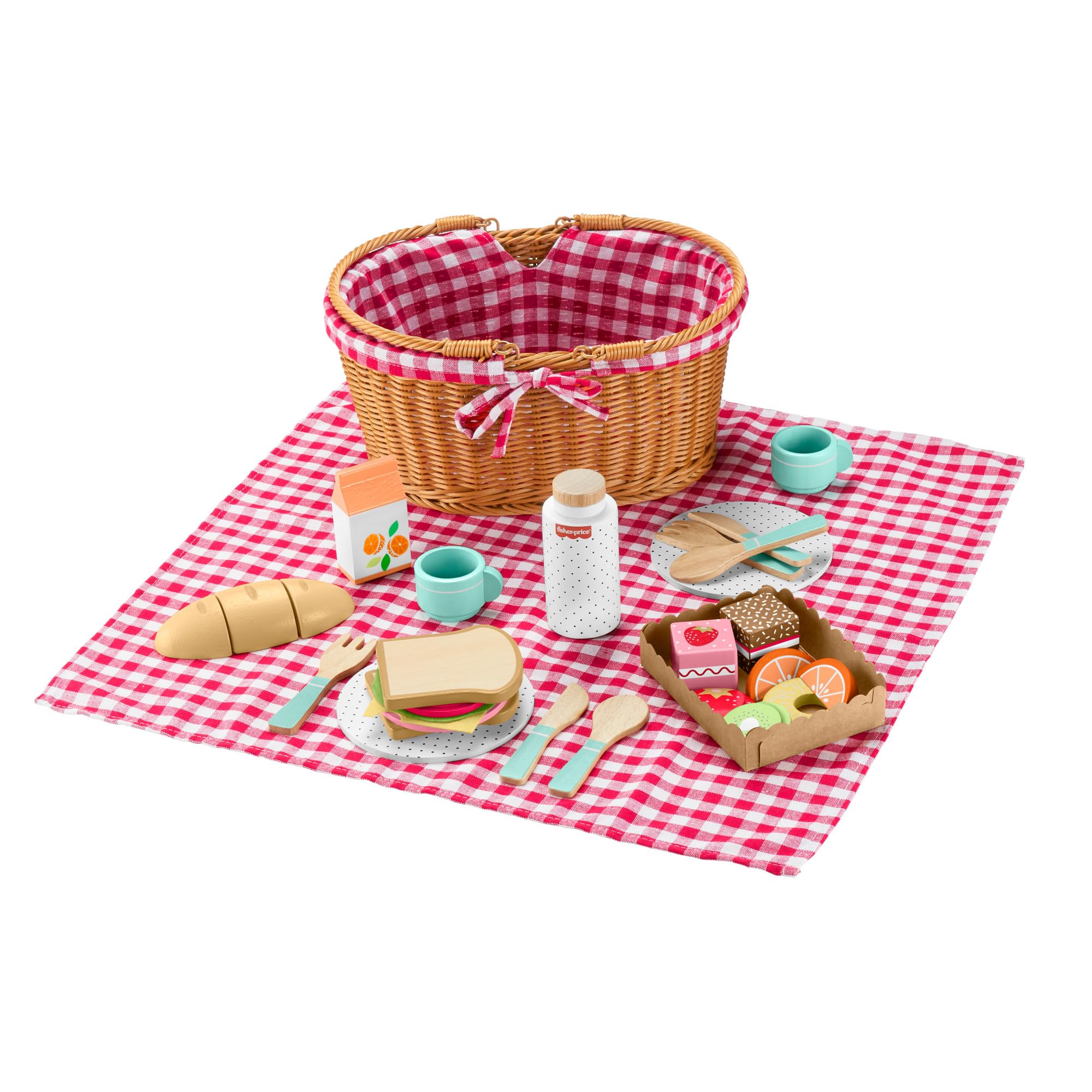 Fisher-Price Kosz piknikowy Zestaw drewnianych zabawek 31 elementów z motywem jedzenia, dla dzieci od 3 roku życia, HXT81