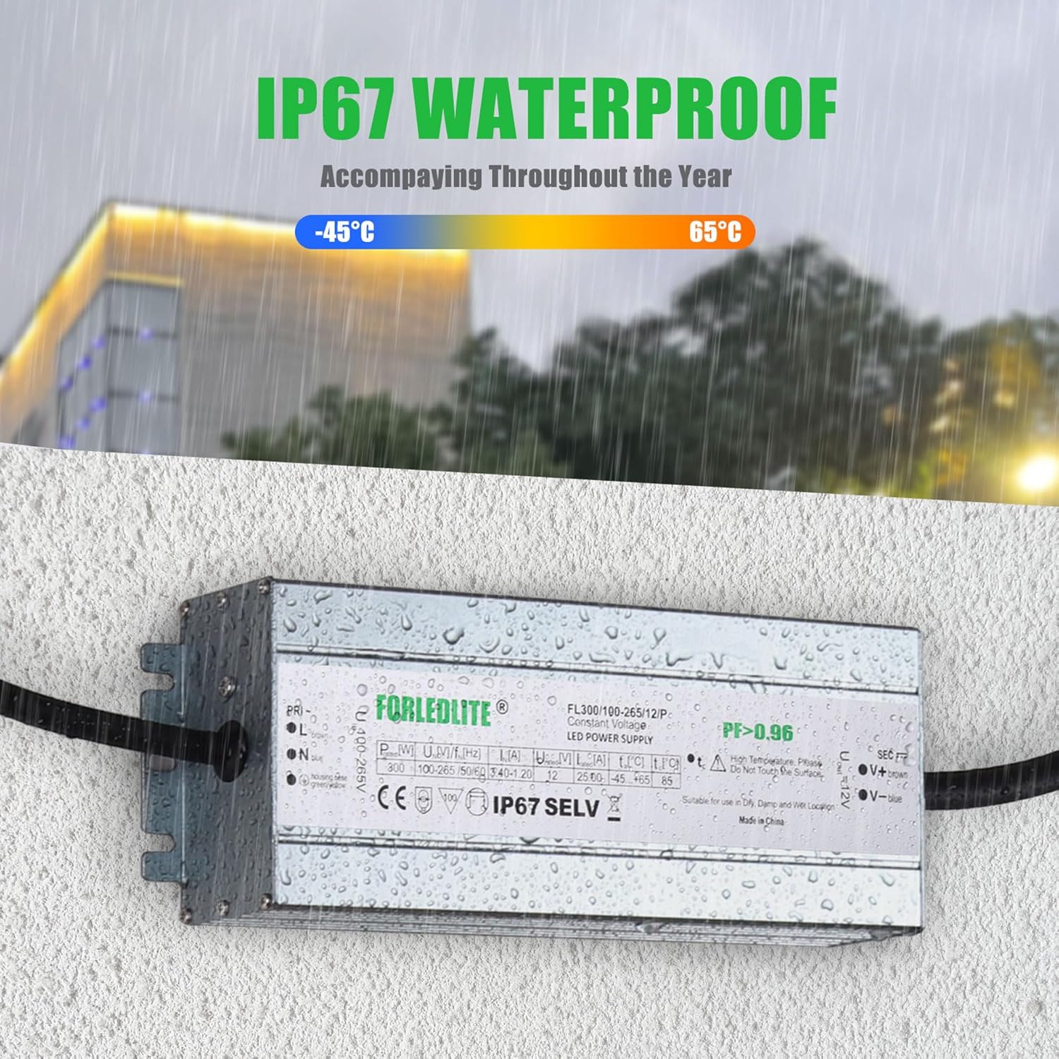 Wide Input 100~265V AC to DC 12V 300W Output IP67 Waterproof Constant Low Voltage LED Power Supply Transformer Driver with Preparation Input Plug for Outdoor Indoor LED Lights