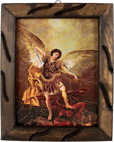 Mrcjsales Arcángel de San Miguel, imagen dorada en marco rústico, pintura al óleo, 24 x 36 pulgadas, 13 x 18 pulgadas, 10 x 12 pulgadas, imagen de