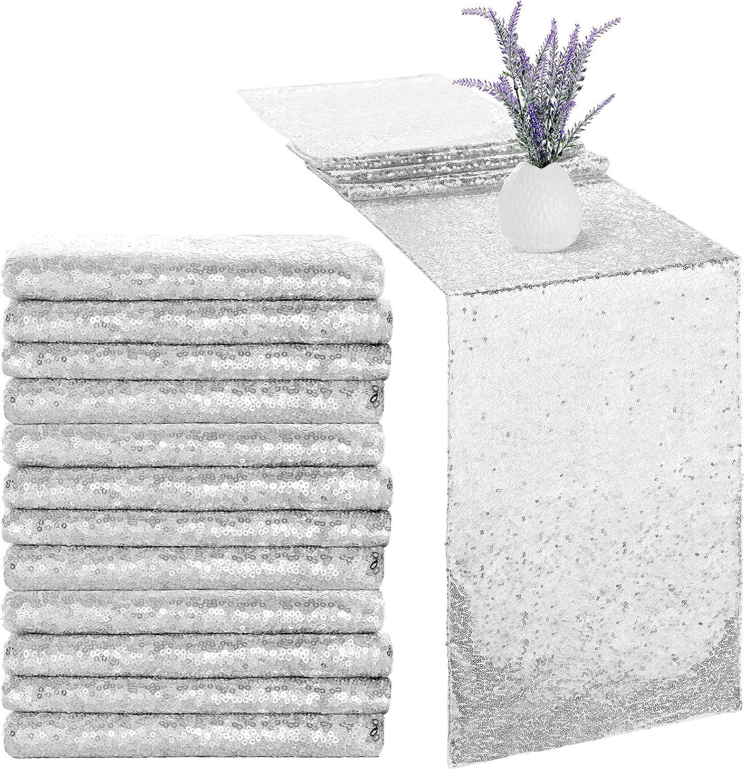 Irenare 12 x 108 Inches Sequin Table Runner Glitter Table Runner Rectangle Tables Covers for Wedding Baby Shower Party Decorations (Silver,12 Pieces)