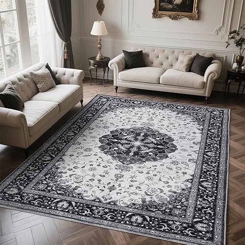 Zentavio Area Rugs 6x9 Washable Non-Slip Kid & Pet Friendly Living Room Carpets Vintage Floral Foldable Thin Low Pile Rug for Bedroom Kitchen Dining Room Black