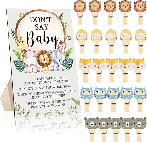 51 piezas de suministros de juego de baby shower incluyen letrero de bebé y 50 piezas de mini pinzas de abeja, tema de animales, juego de baby