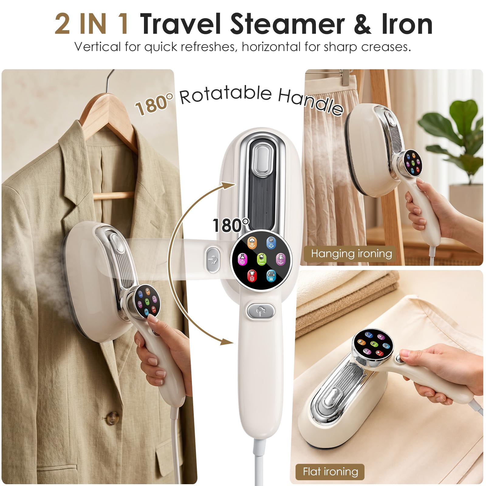 Défroisseur Vapeur Portable 2 en 1 pour Vêtements, 1300W Fer à Repasser de Voyage avec 6 Modes, Réservoir d'eau de 160ML et Écran LED, 15S Chauffage Rapide Défroisseur à Main pour Maison Voyage