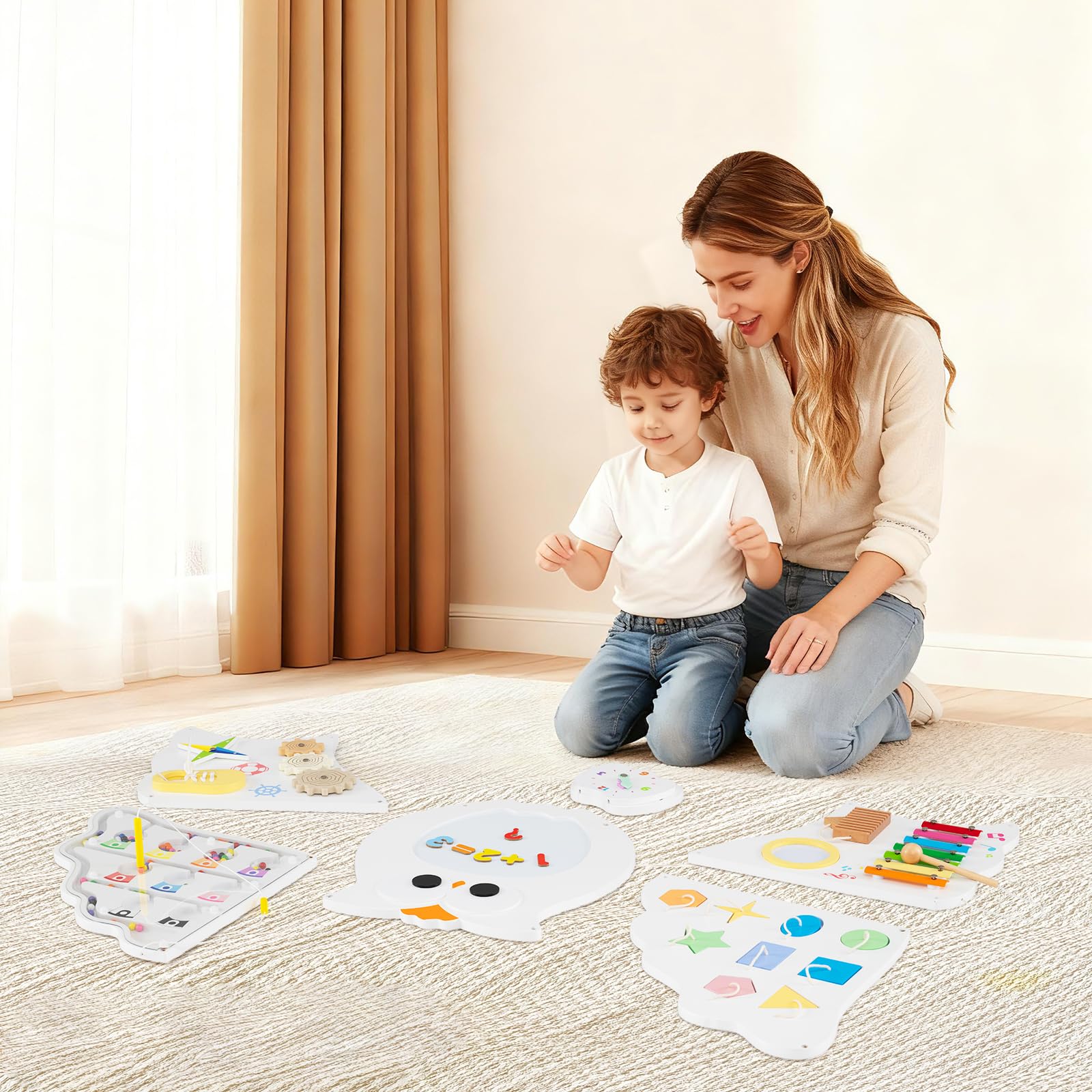 COSTWAY Tableros de Actividades de Pared para Niños de Búho, 11 en 1 Paneles de Actividades para Niños, Juguete Educativo Sensorial Montessori de Madera para Niños de 3+ Años, Sala de Juegos Guardería