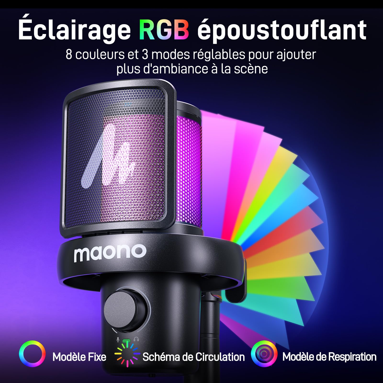 MAONO Micro Gaming sans Fil pour PC, Microphone USB avec Changeur de Voix IA, Suppression du Bruit, EQ Personnalisé, éclairage RVB Réglable pour Jeux, Podcasts, Streaming, DM40 Noir