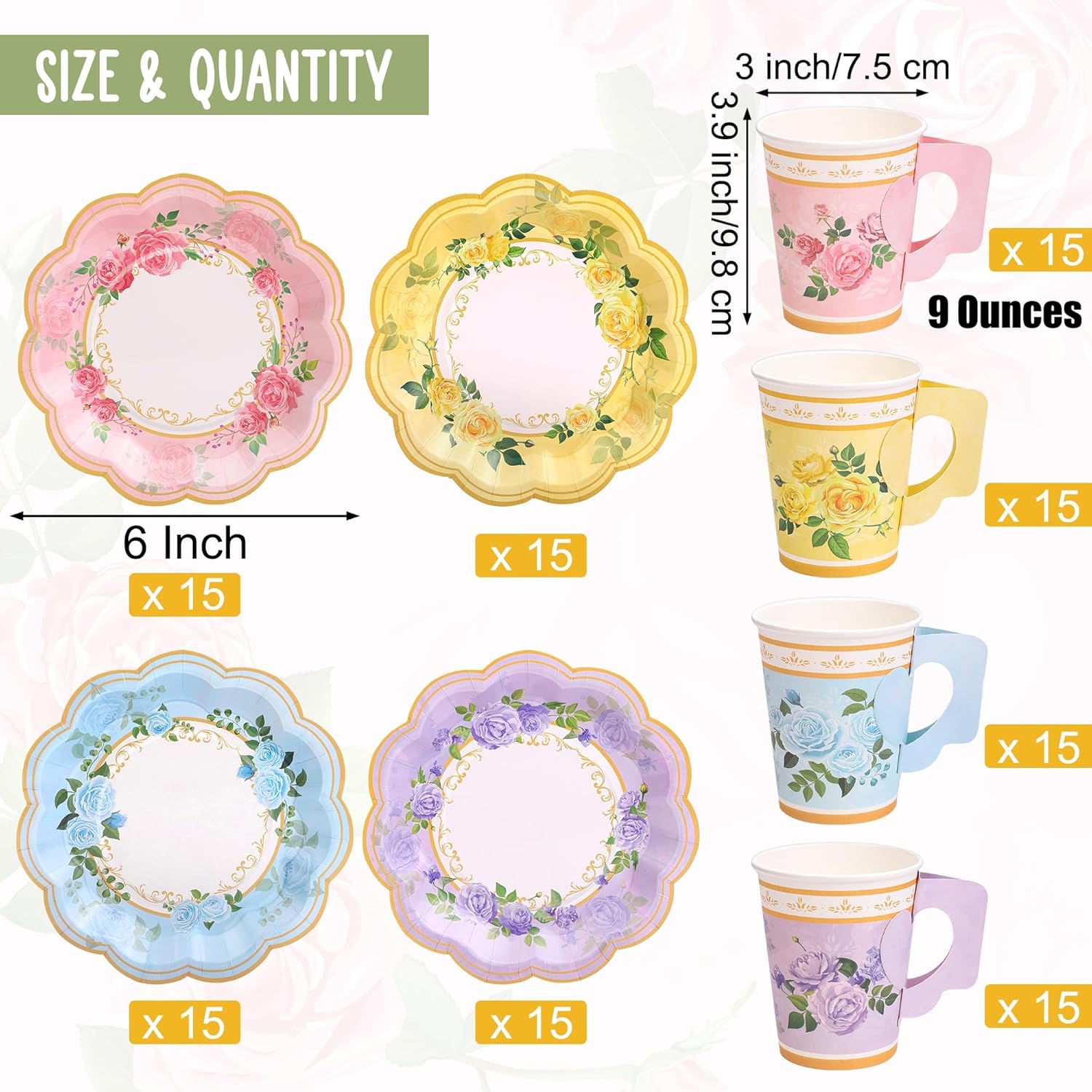 Kochorie 120 Pcs Floral Paper Tea Cups and Saucers 9 Oz Disposable Teacups Bulk with Handle 4 Styles Flower Tea Party Decorations for Birthday Wedding Garden Party Baby Shower Serve 60 Guests