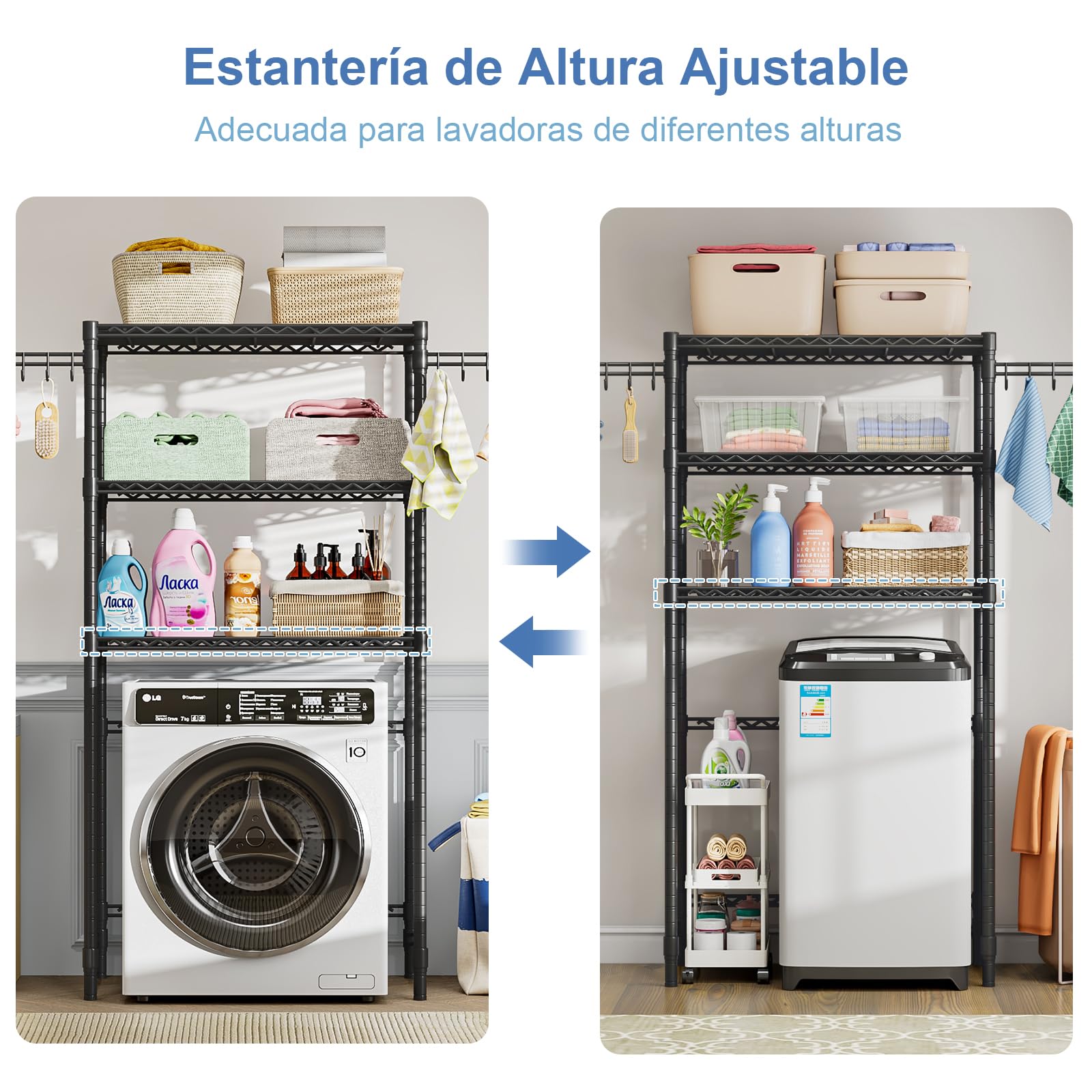 Estantería Regulable para Lavadora con 3 Estantes | Organizador de Baño que Ahorra Espacio, Negro, 89 × 34 × 193 cm