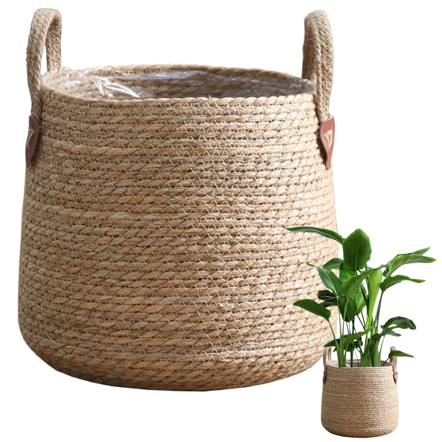 Cesta Tejida para Plantas con Forro Maceta Tejida De 10,2 Pulgadas De Diámetro Maceta Tejida Natural con Asa Macetas De Interior para Jardín Balcón Hogar