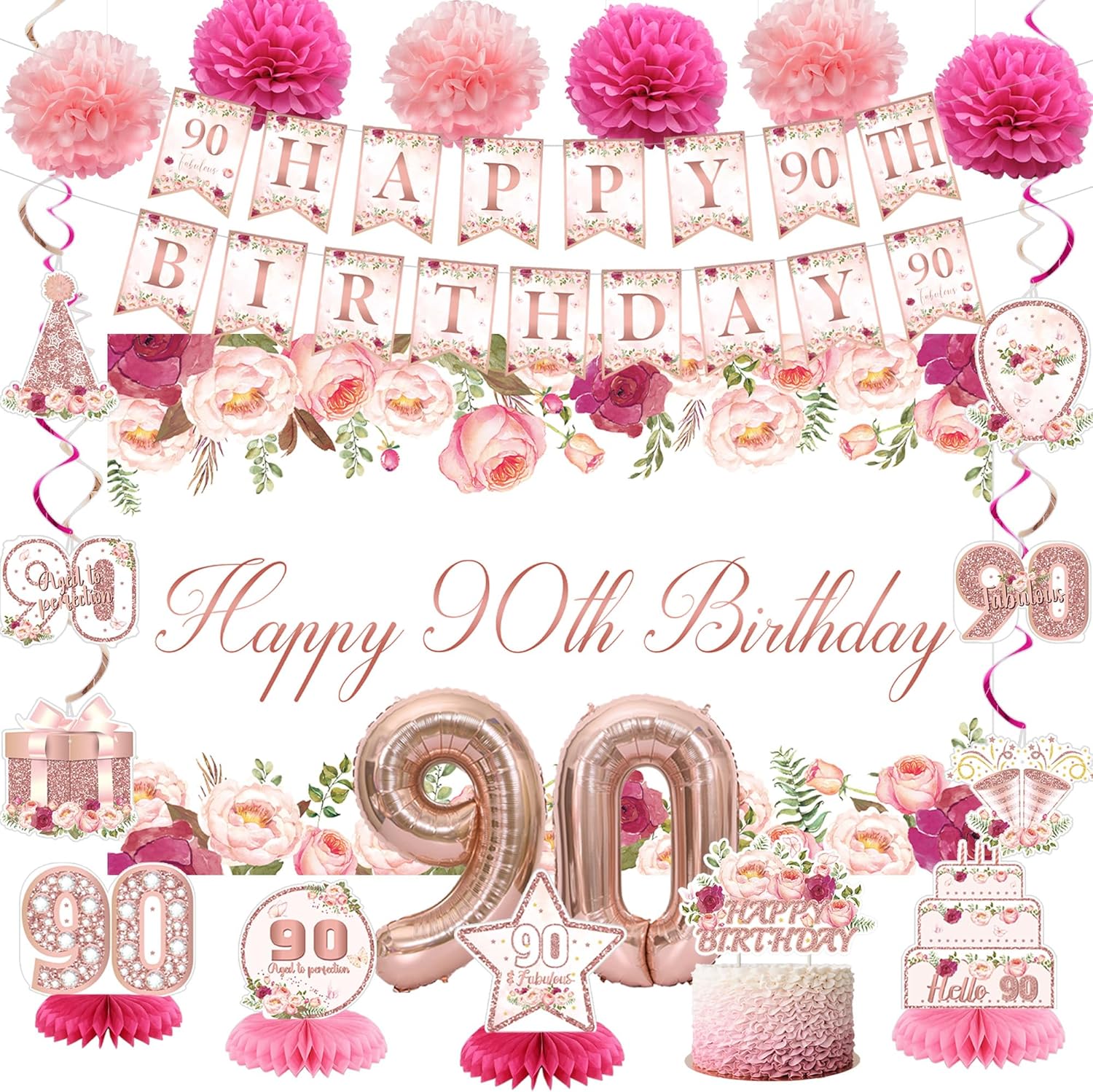 Vlipoeasn Flower 90th Birthday Decorations for Women, Rose Gold 90th Birthday Backdrop Banner, Cake Topper, Honeycomb, Hanging Swirl for Party, Cheers to 90 Years Old Party Supplies